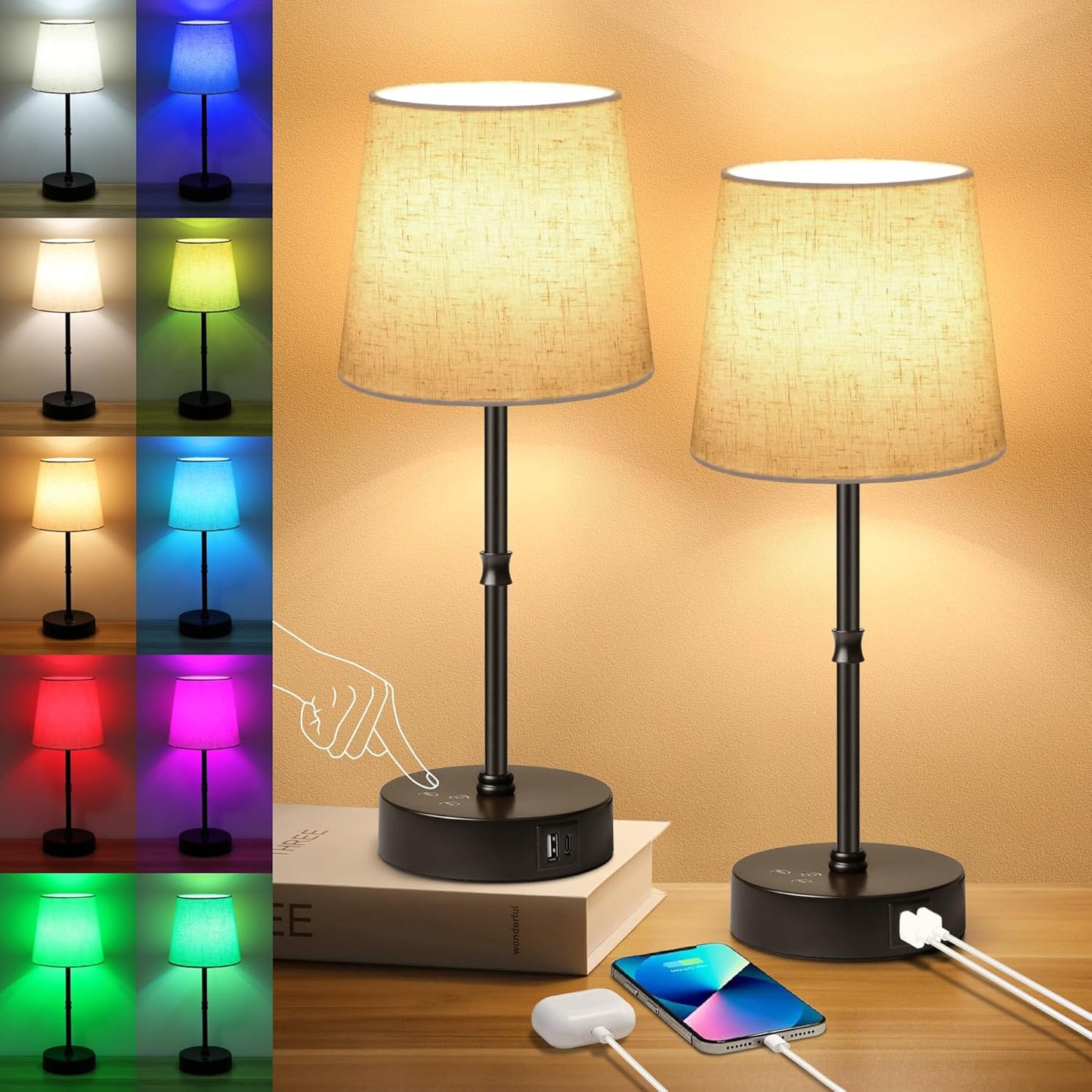 Ascher Bedside Table Lamp Set of 2, RGB Color Changing, 3 Color Temperatures, Dimmable Nightstand Lamp with USB C+A Ports, Touch Desk Lamp for Bedroom Living Room, H15.6in, Flaxen Shade