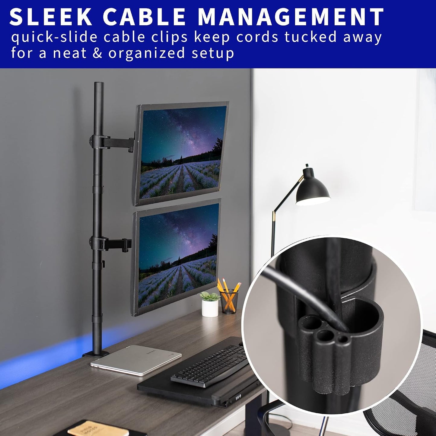 VIVO Extra Tall Vertically Stacked Dual Monitor Desk Mount Stand with 39 inch Stand-up Pole, Fully Adjustable Extended Arms, Fits 2 Screens up to 27 inches, STAND-V012T