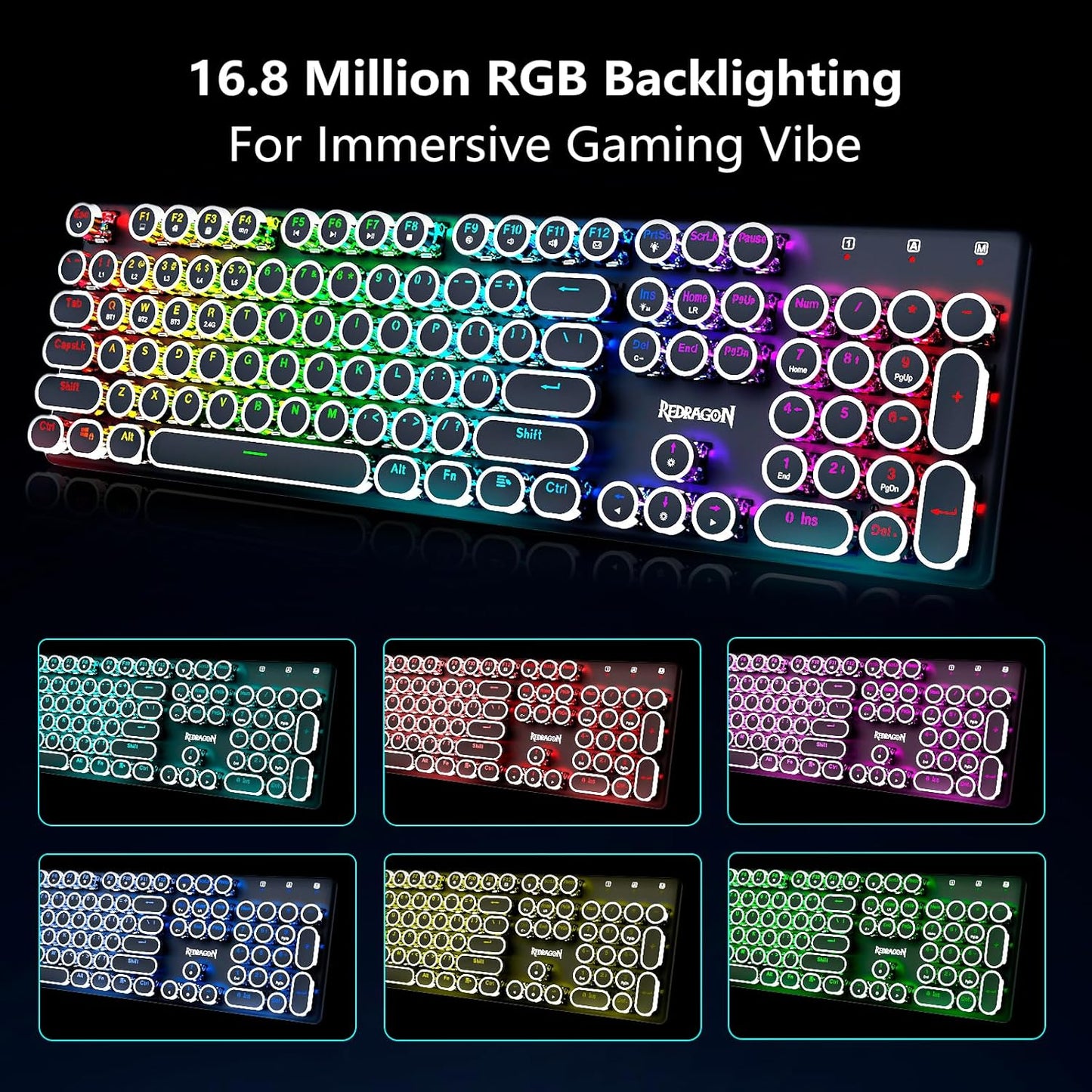 Redragon Wireless Typewriter Style Mechanical Gaming Keyboard, Black | Bluetooth/2.4Ghz/Wired, RGB Led Backlit, Blue Switch - Clicky, Rechargeable 4000mAh, Solid Metal Panel, Round Keycaps