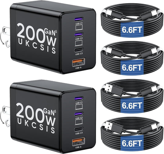 2 Pack 200W USB C Charger Block, Foldable GaN5 Super Fast Charger USB C | Dual 65W Type C Charging Block, Laptop 4-Port Fast Charging Adapter for MacBook Pro/Air, iPad, iPhone, Samsung Galaxy Black
