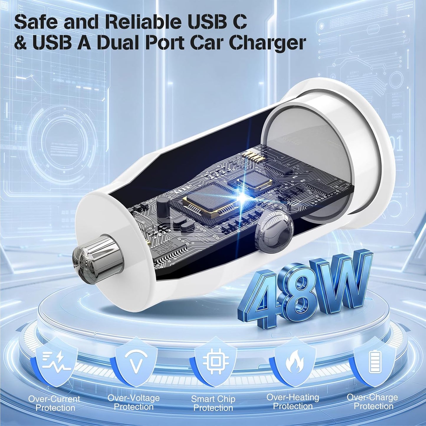 48W USB C Car Charger, Dual Port USB-C & USB-A Car Fast Charging Adapter | 2X3FT C to C Cable & A to C Carplay Cable, Super Fast Type C Car Charger for iPhone 17 16 15 Series/iPhone Air, iPad, Samsung