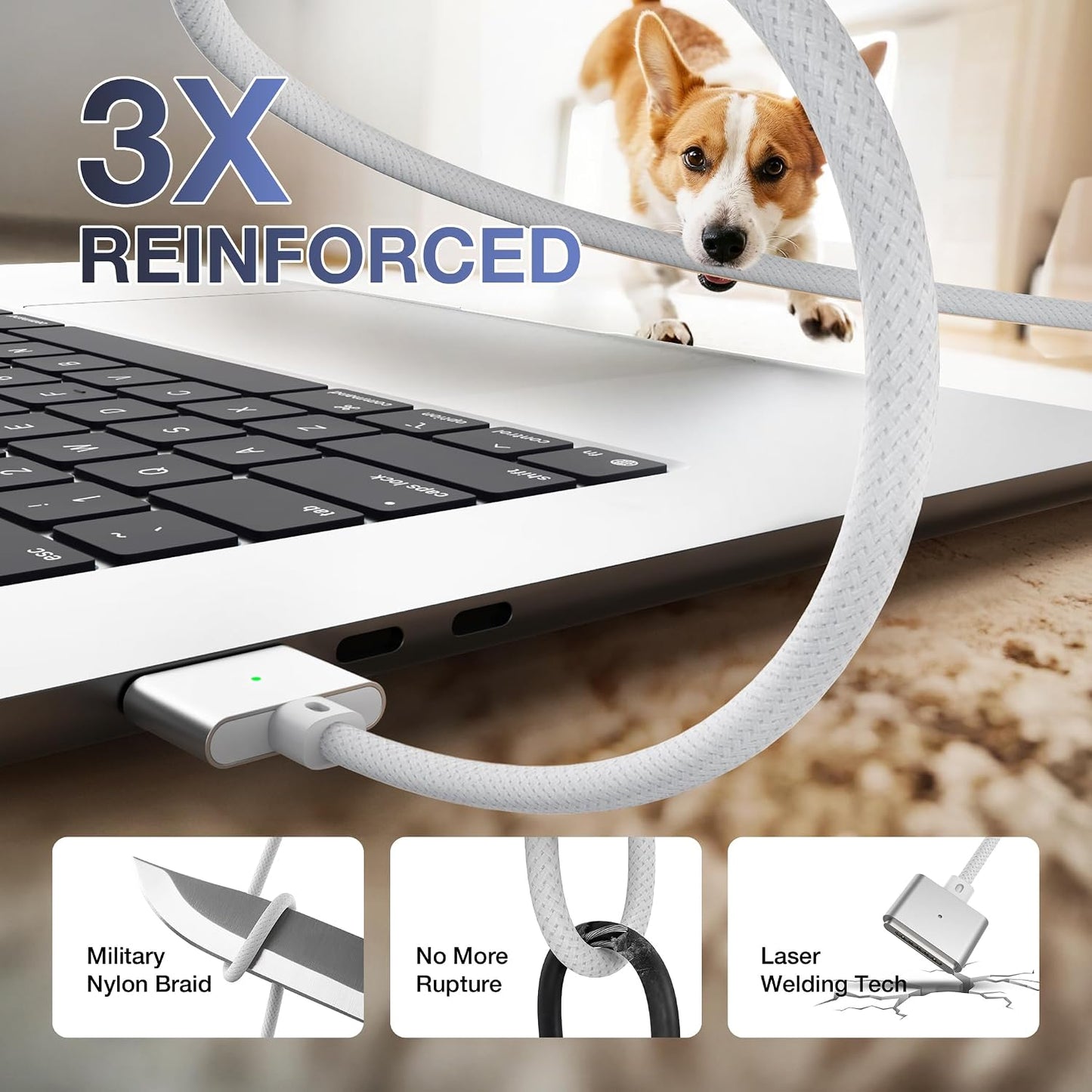 Hugener Magnetic 3 Cable USB-C 6.6FT for MacBook Air Pro Charger, White | M5/M4/M3/M2 140W Cable for MacBook Air (13"/15" 2026/2025/2024/2023/2022), Pro (16"/14" 2026/2025/2024/2023/2021)