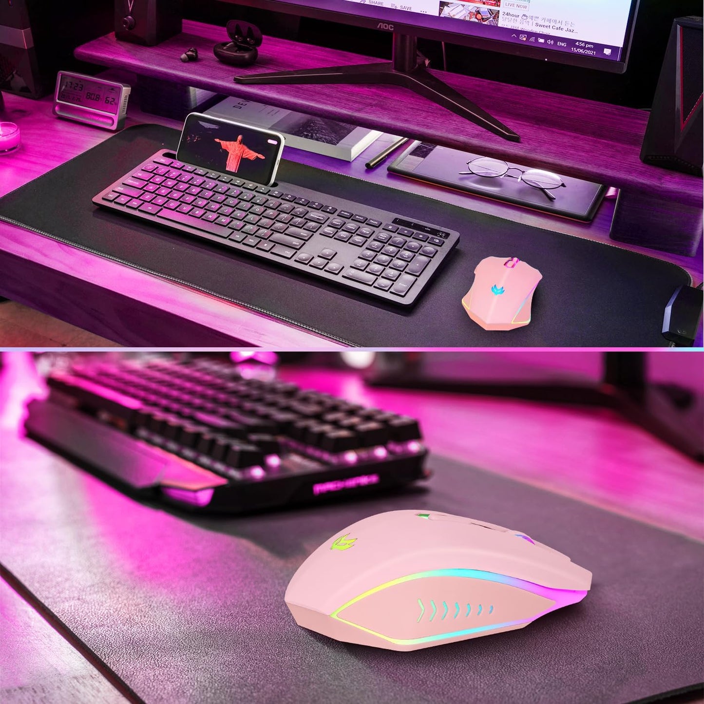 Wireless Gaming Mouse, Rechargeable Computer Mouse, 7-Color LED Light, Ergonomic Mouse with 6 Silent Click Buttons, 3 Adjustable 2400 DPI Wireless Mouse for Laptop,PC,Mac, Pink