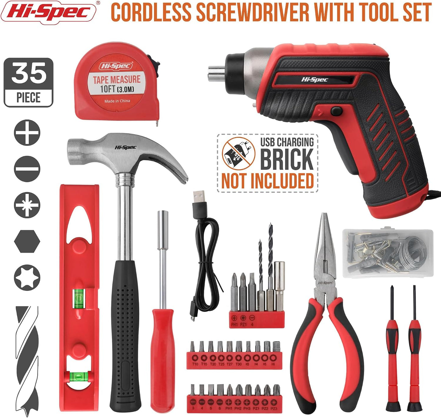 Hi-Spec 3.6V USB Electric Screwdriver for Home Repairs and Assembly, Red | 35pc, fast assembly help, common screw bit selection, LED visibility, compact grip, quick household fixes, organized storage