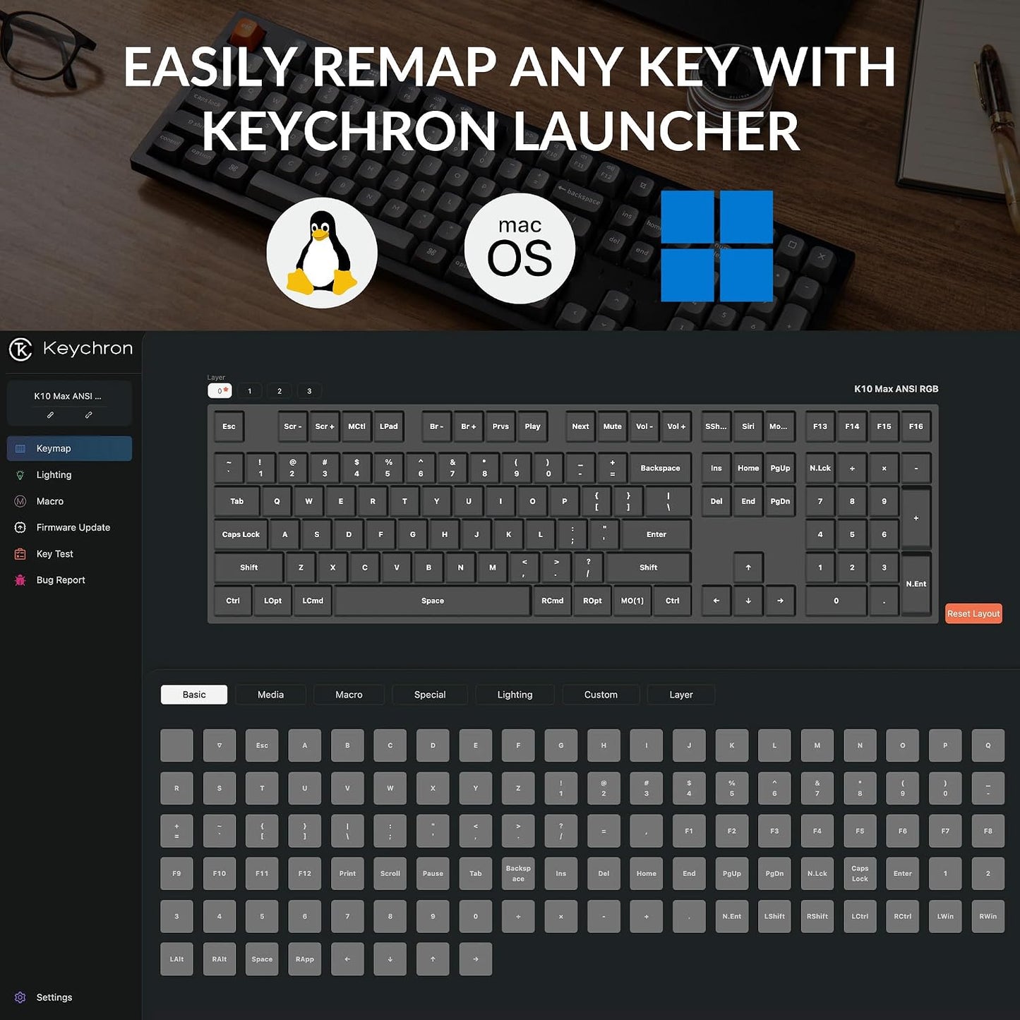 Keychron K10 Max QMK Wireless Custom Mechanical Full-Size Keyboard | 2.4 GHz Wireless & Bluetooth with Hot-swappable Apex Banana Switch Compatible with Mac Windows Linux - Black