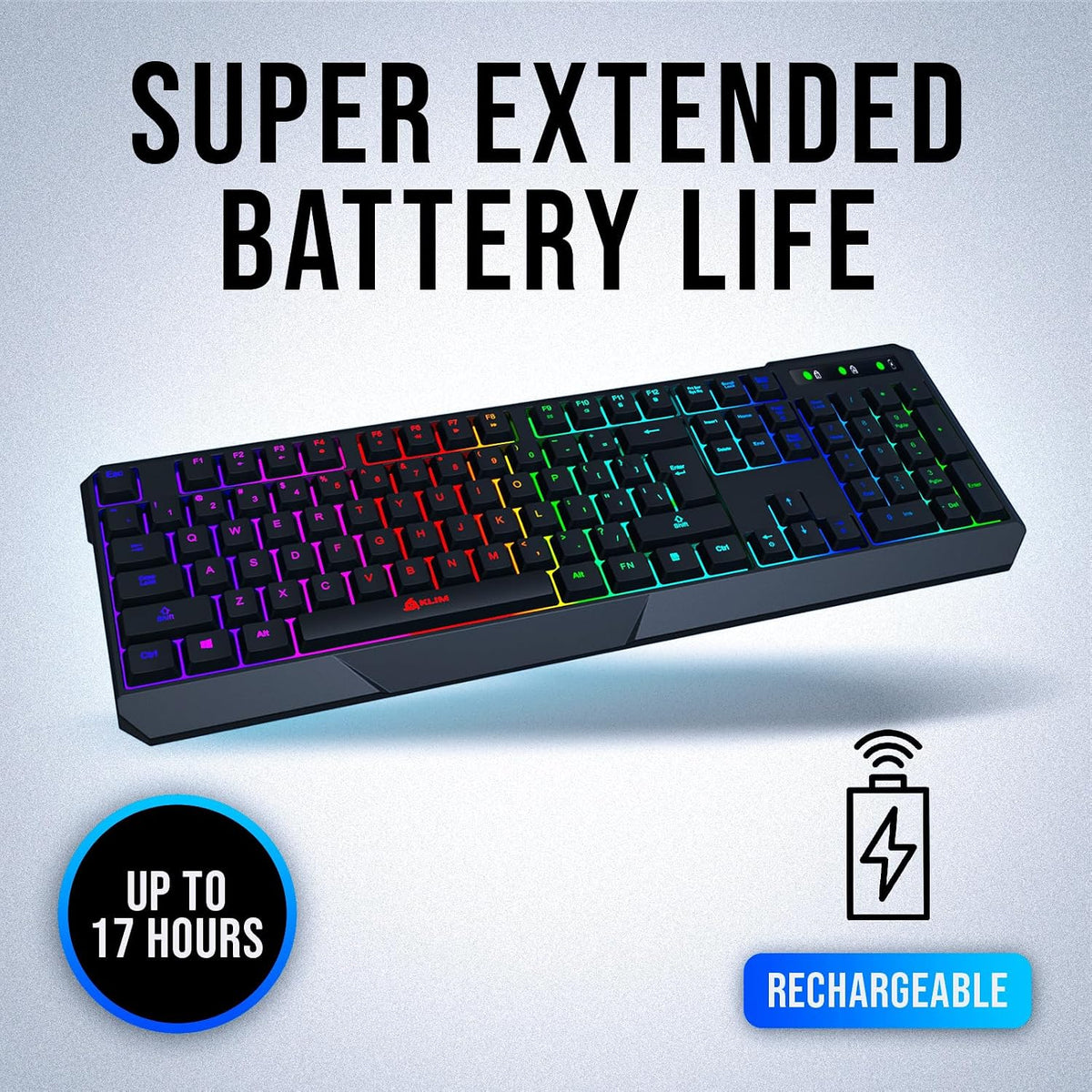 KLIM Chroma Wireless Keyboard – RGB Backlit Gaming, Rechargeable Battery, PC Keyboard, Durable & Water-Resistant, Compatible with PS4, PS5 & Mac - Black