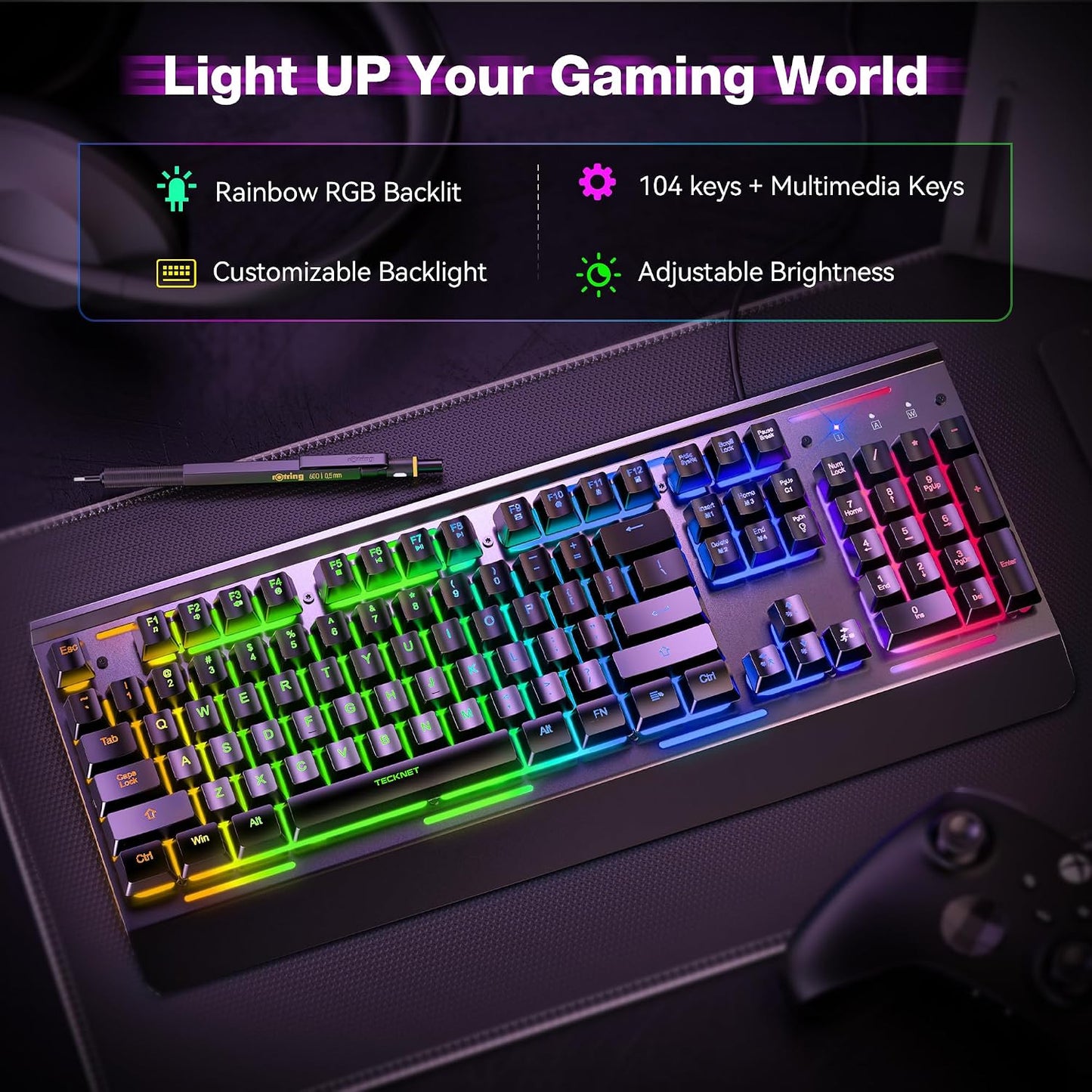 TECKNET Wired Gaming Keyboard, RGB Backlit Keyboard with Metal Panel Design | 15-Zone RGB Illumination, Whisper Quiet Design, IP32 Water Resistance, 25 Anti-ghosting Keys, Ergonomic Design