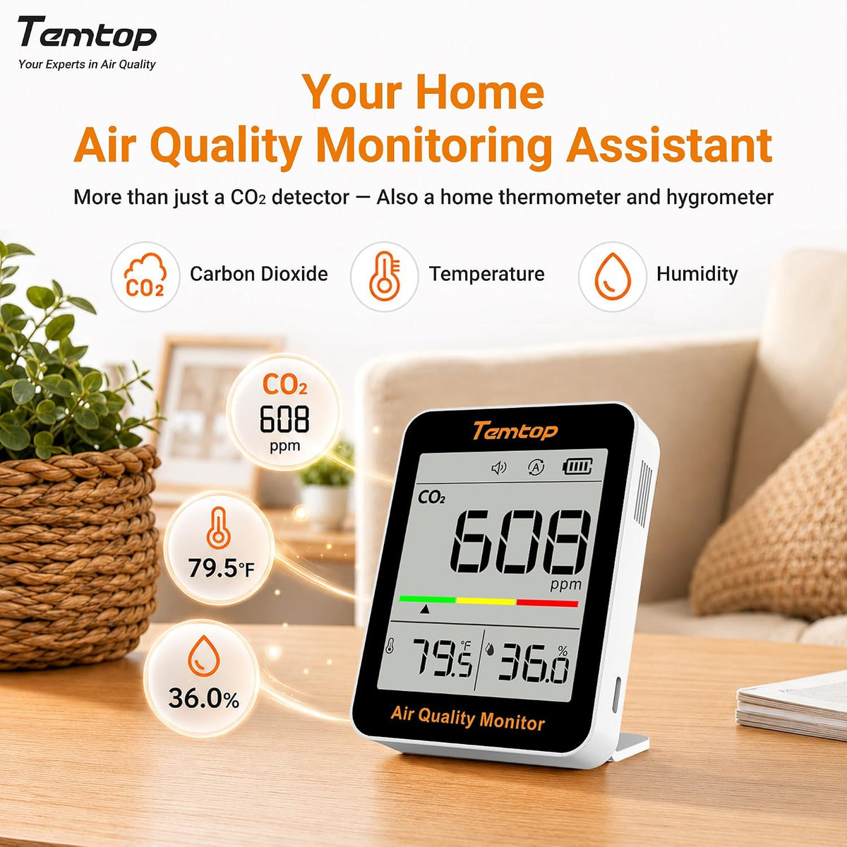 Temtop CO2 Monitor Indoor air Quality Monitor Portable CO2 Meter, CO2, Temperature, Humidity Home, Office or School