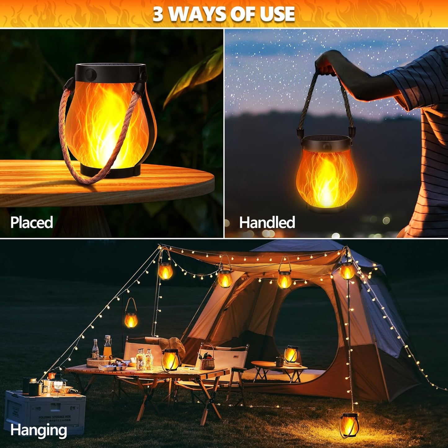 iBaycon 2 Pack Gen2 Solar Lantern Lights USB Ultra-Real Flame, Warm White | Solar Garden Lights with Solar & USB-C Dual Charging, 2 Modes Outdoor Waterproof Hanging Lantern for Patio Yard Home