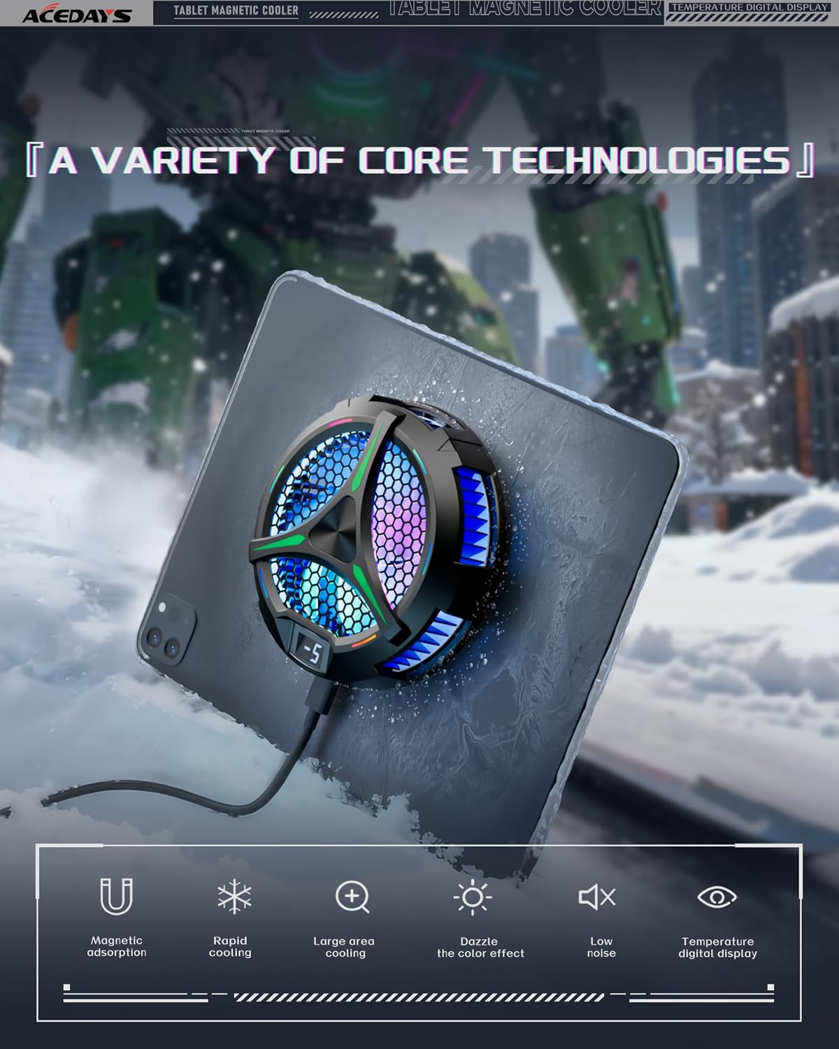 ACEDAYS Magnetic Cooler for iPad,Tablet Cooler for ipad/Surface pro/Samsung Tab,Universal Radiator with Temperature Display for Mobile Gaming,Tiktok Live Streaming (Green Mech)