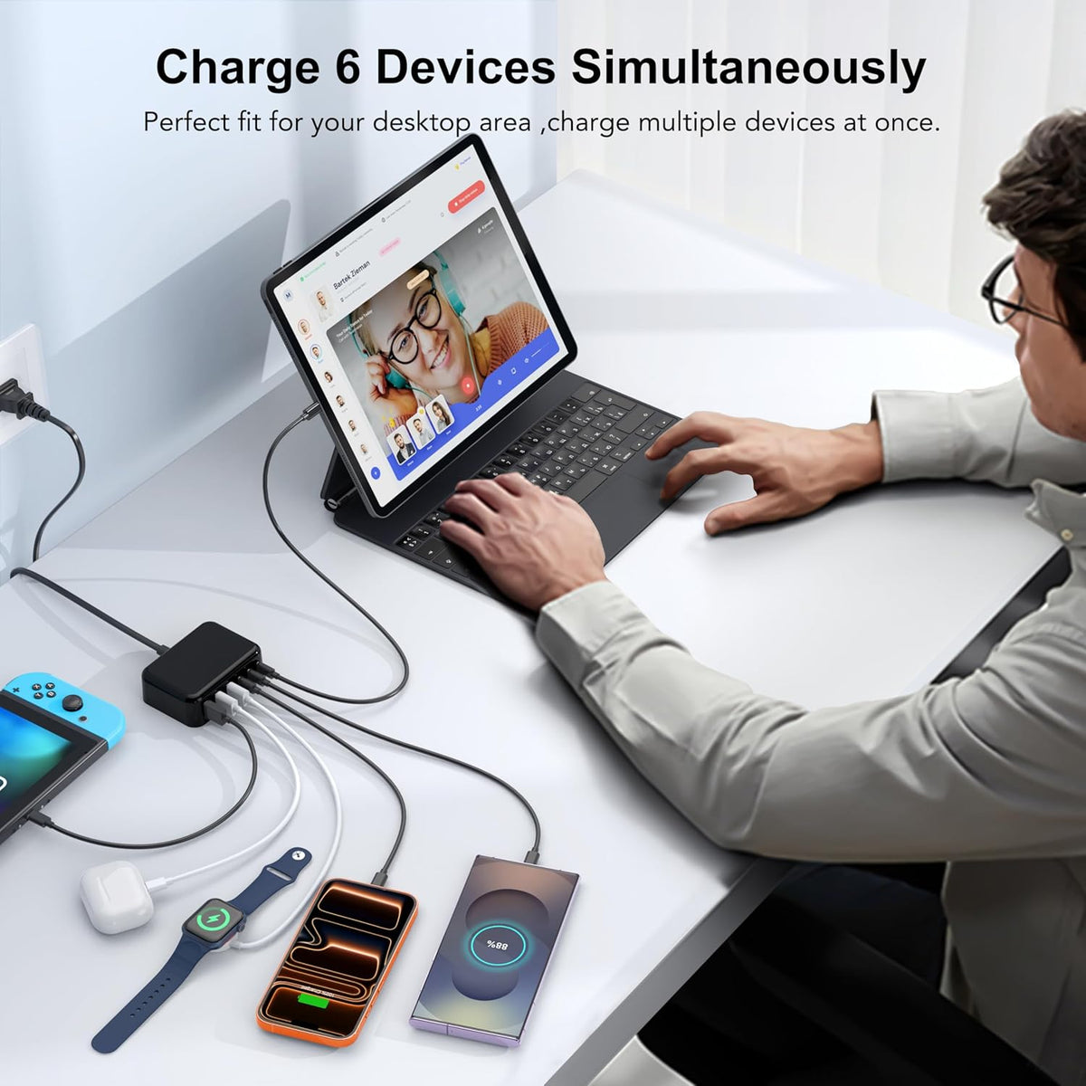 USB Fast Charger Block 50% Smaller 100W Max 6-Port GaN USB Charging Station