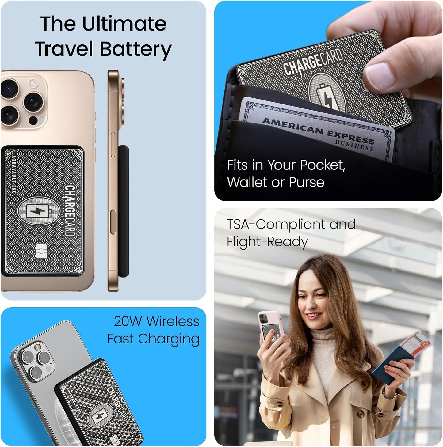 AquaVault ChargeCard Wireless Charge Card Phone Charger 5000mAh MagSafe 20W | Black, fits in your wallet. Magnetic attachment works with iPhone 12-17 and Android. 20W fast charge, 5000mAh capacity.