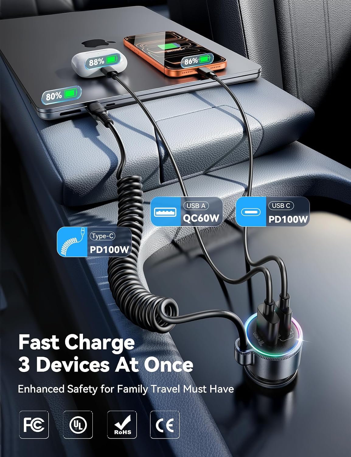 FLYLEAD 200W Car Charger USB C Fast Charge, [GaN] PD100W Fast Car Charger | Cigarette Lighter Phone Charger Adapter for iPhone 17/16/15 Pro Max, MacBook Pro Air Laptop, Samsung S26/S25, Pixel, iPad Pro