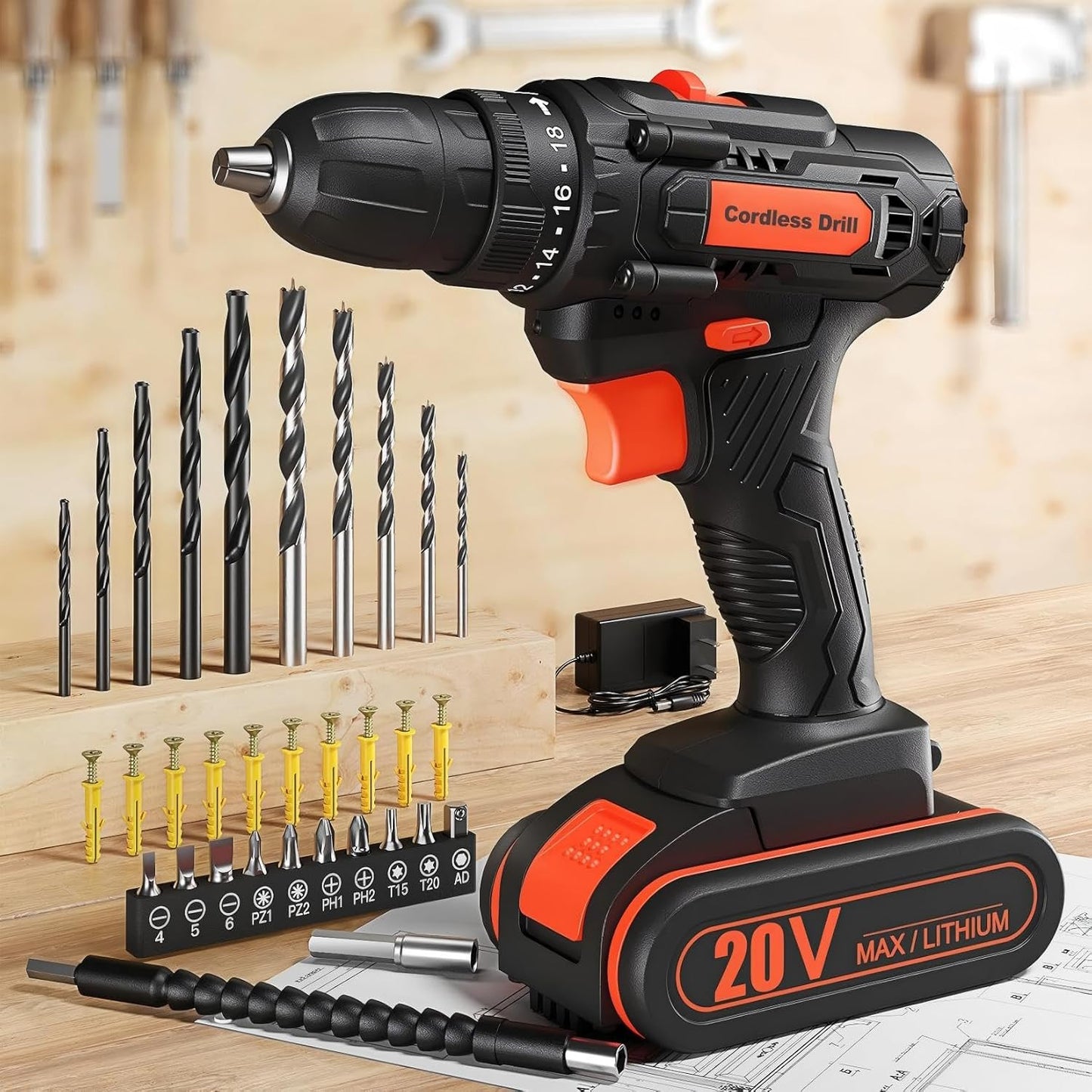 20V Cordless Drill Driver Set, Electric Power Screwdriver Drill with 2.0Ah Battery, 3/8" Keyless Chuck, 18+1 Torque Settings, 2 Speed, LED Light, 42PCS Accessory Kit
