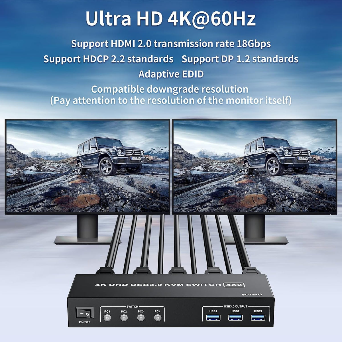 DisplayPort KVM Switch Box for 4 Computers Share 2 Monitors, DP KVM Switch with 3 USB 3.0 Ports, Support 4K@60Hz Copy Extended Splicing Display, Button Controller & 4 USB Cables Included