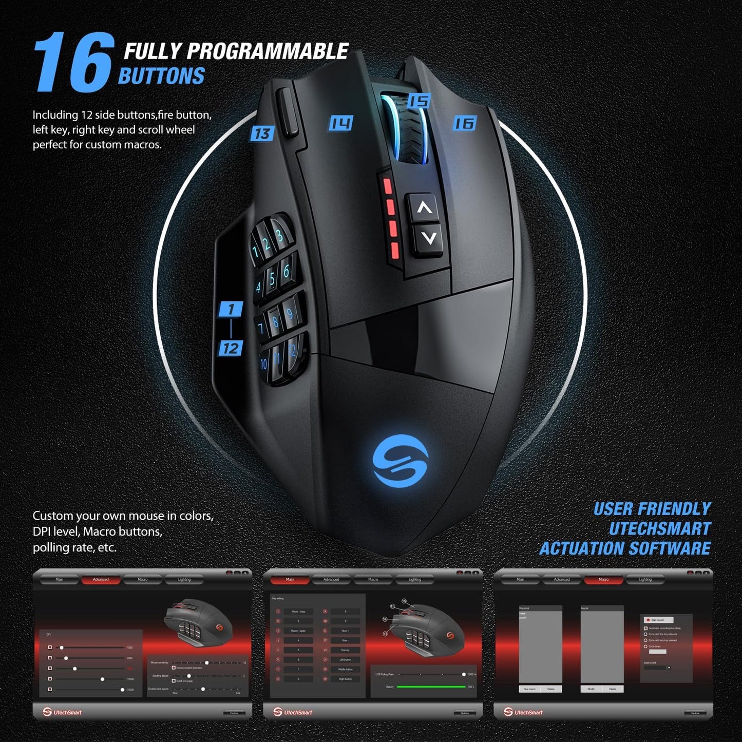 UtechSmart Venus Gaming Mouse RGB Wired, 16400 DPI High Precision Laser Programmable MMO Computer Gaming Mice