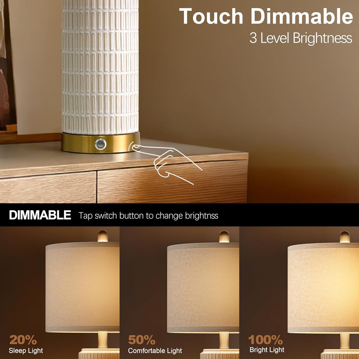 PoKat Touch Bedside Table Lamps with 2 USB for Bedroom Living Room, 25'' | Nightstand lamps Set of 2, 3 way dimmable with 2 bulbs, durable white ceramic, farmhouse & modern style for side table