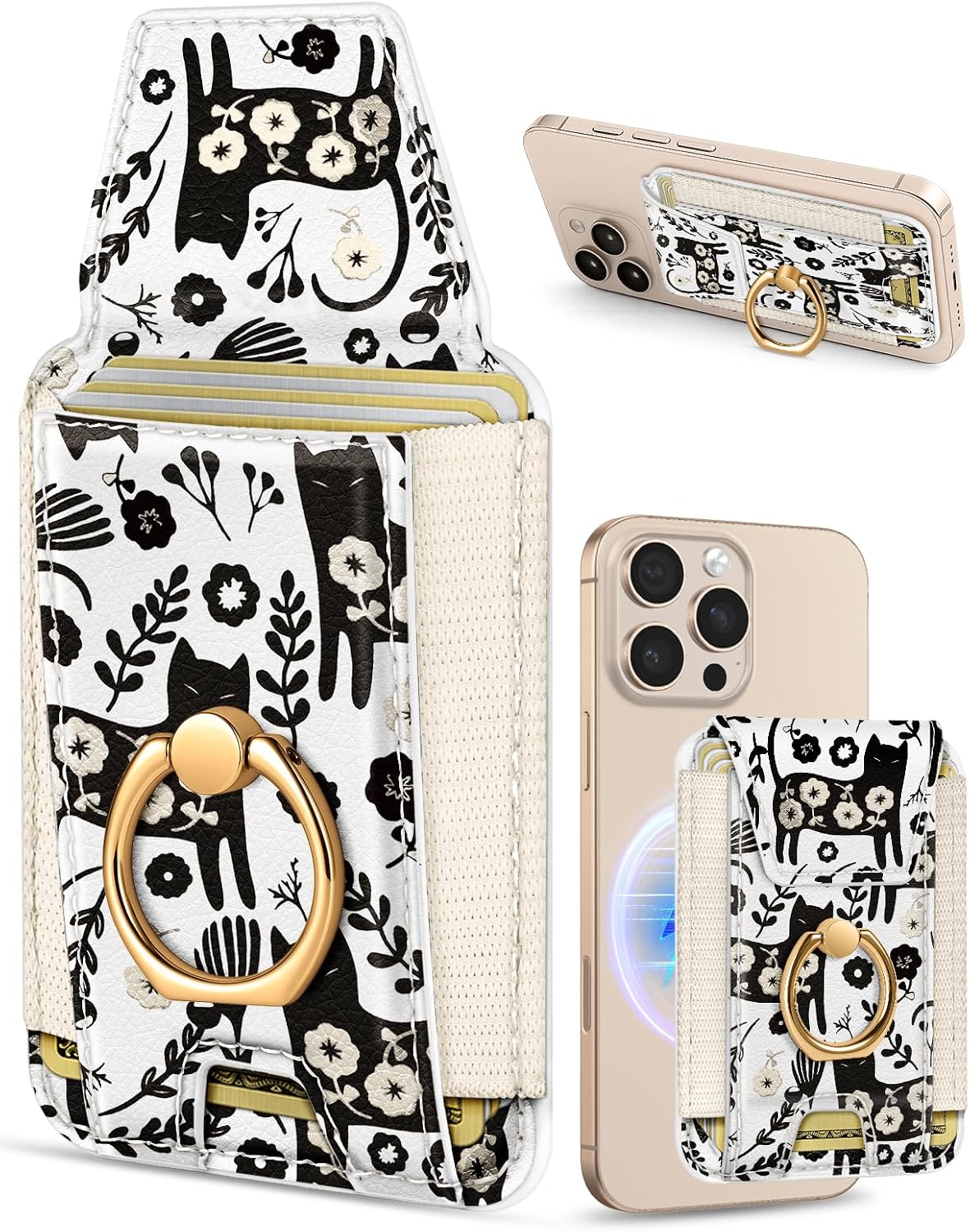 Shorogyt Compatible with Magsafe Wallet with Grip Magnetic Card Holder - Cute Phone Wallets with Ring Stand for iPhone 17/16/15/14/13/12 Series for Women Girls, Fit 7 Cards, Flower