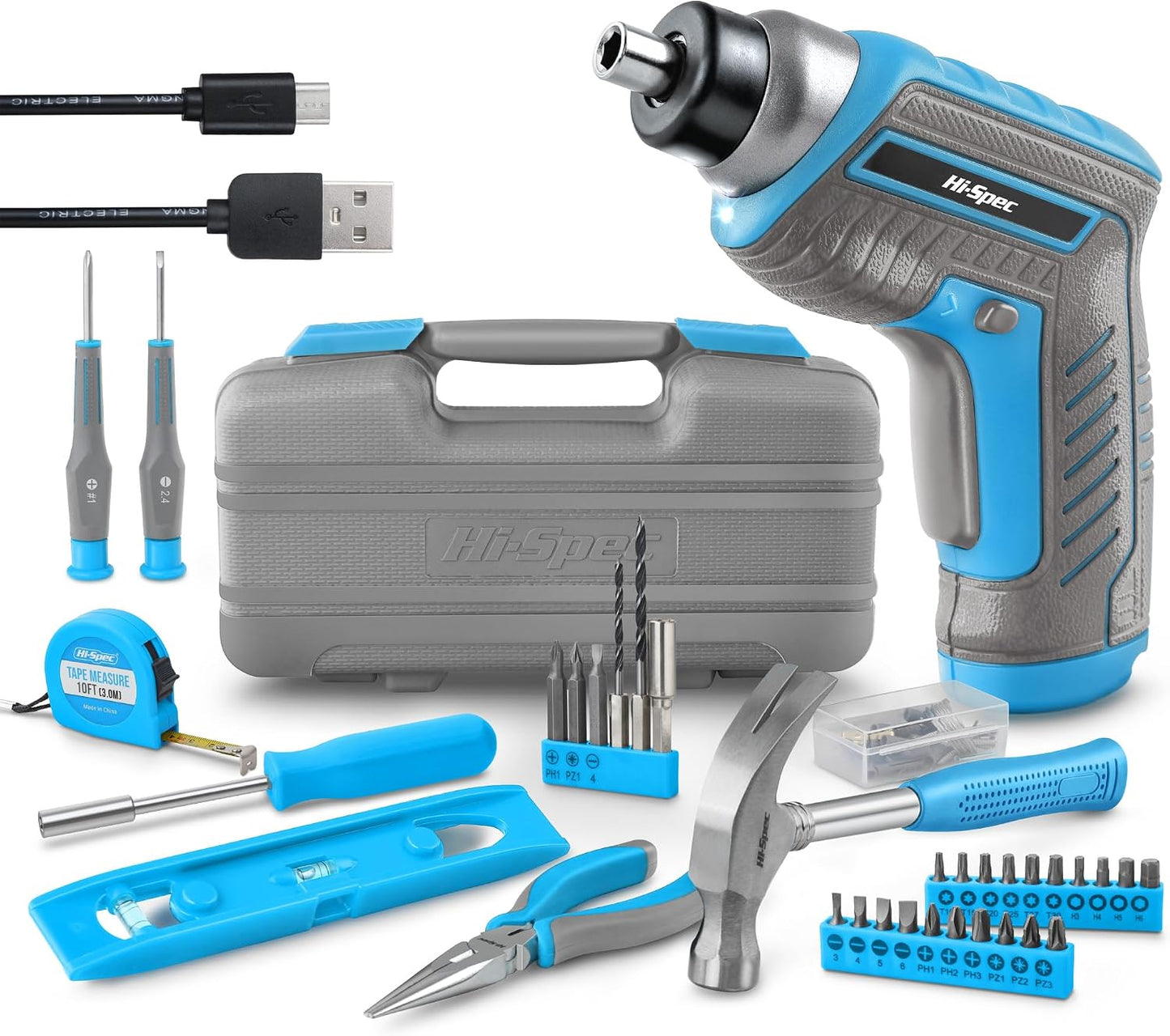 Hi-Spec 3.6V USB Electric Screwdriver for Home Repairs and Assembly, Red | 35pc, fast assembly help, common screw bit selection, LED visibility, compact grip, quick household fixes, organized storage