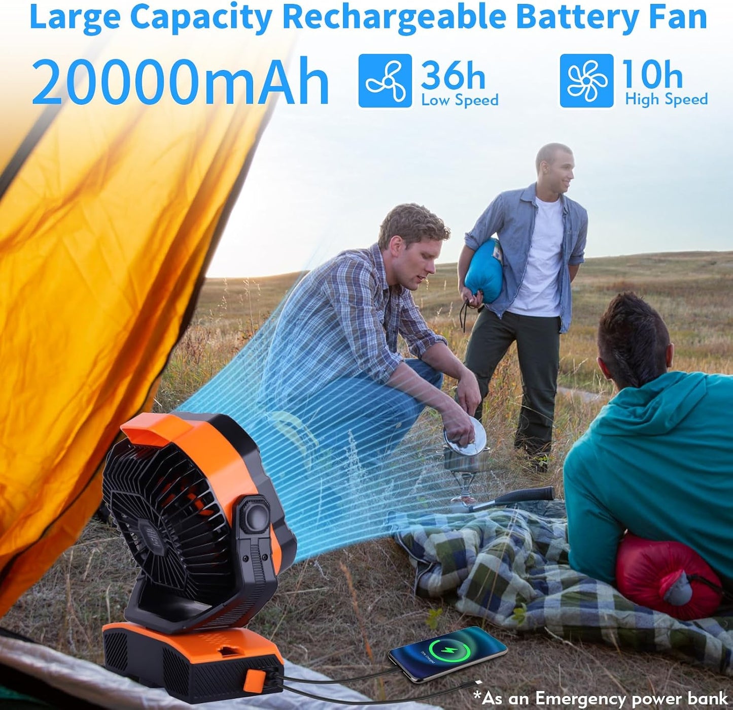 WESTTREE Camping Fan Oscillating Portable Fan Battery Powered Fans Rechargeable Camping essentials with Light Hook, 270° Pivot USB Desk Battery Operated Outdoor Tent Travel