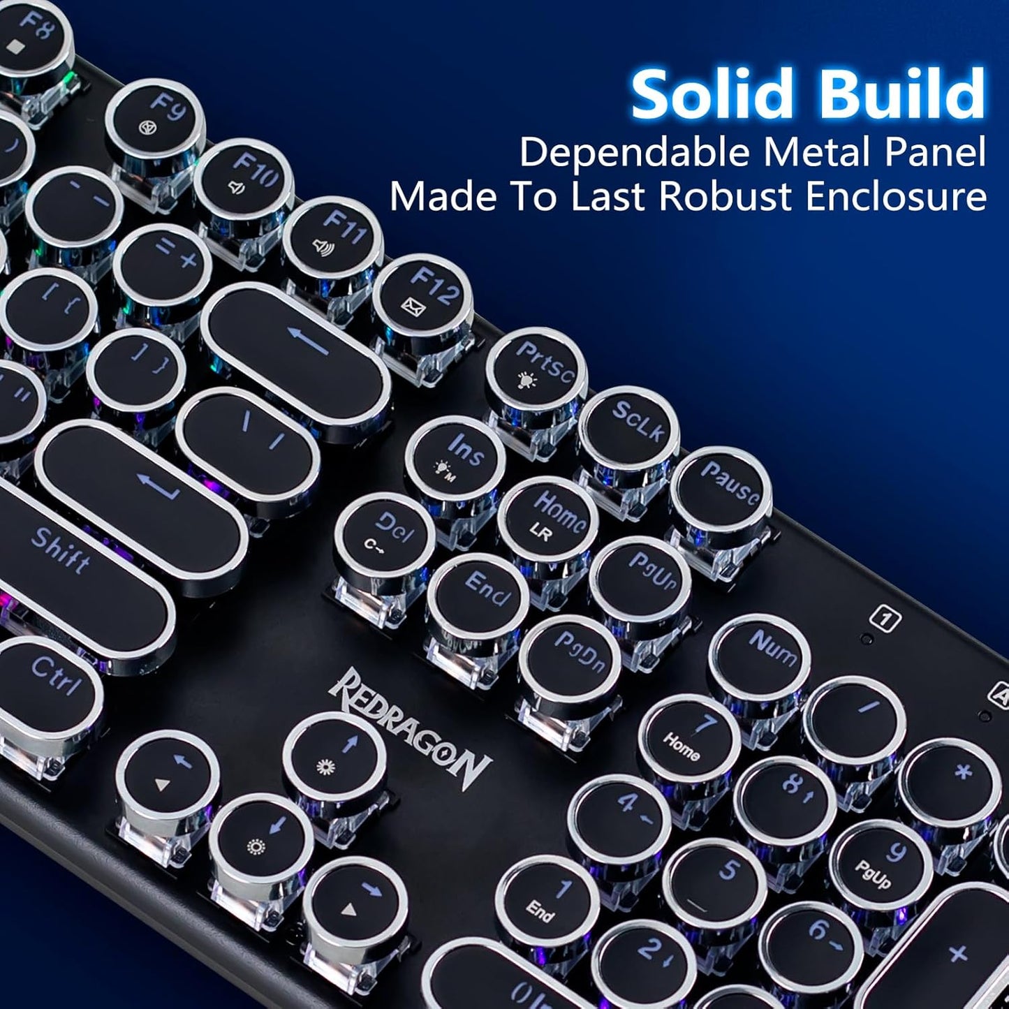Redragon Wireless Typewriter Style Mechanical Gaming Keyboard, Black | Bluetooth/2.4Ghz/Wired, RGB Led Backlit, Blue Switch - Clicky, Rechargeable 4000mAh, Solid Metal Panel, Round Keycaps