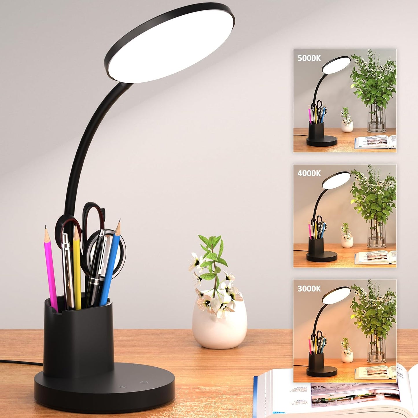 LED Desk Lamp for College Dorm with Pen Phone Holder, Black | 3 Color Modes Dimmable Desk Light, College Dorm Essentials, 360° Adjustable Arm, Eye-caring Bedside Reading Lamp, 800 Lumen
