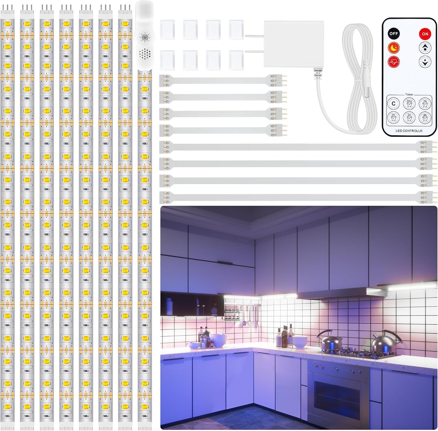 LAFULIT 8 Pack RGB Under Cabinet Lights with App and Remote Control | Music-Sync Color-Changing Plug-In LED Strip Lights for Cabinets, Counters, Shelves and Bookcases, 13 ft