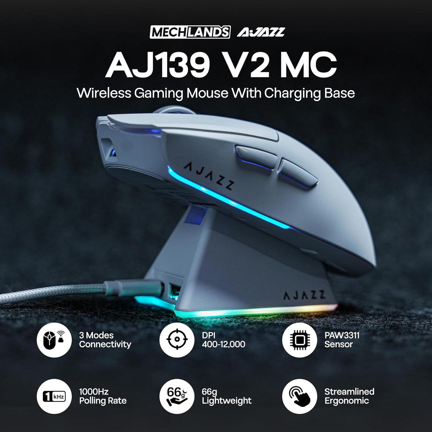 MechLands AJAZZ AJ139 V2 MC Gaming Mouse with Charging Base, Adjustable 12,000 DPI, PAW3311 Sensor, 3 Modes Wireless Mouse, 500mAh Battery, 1000 Polling Rate, 66g Lightweight, Win/Mac (White)