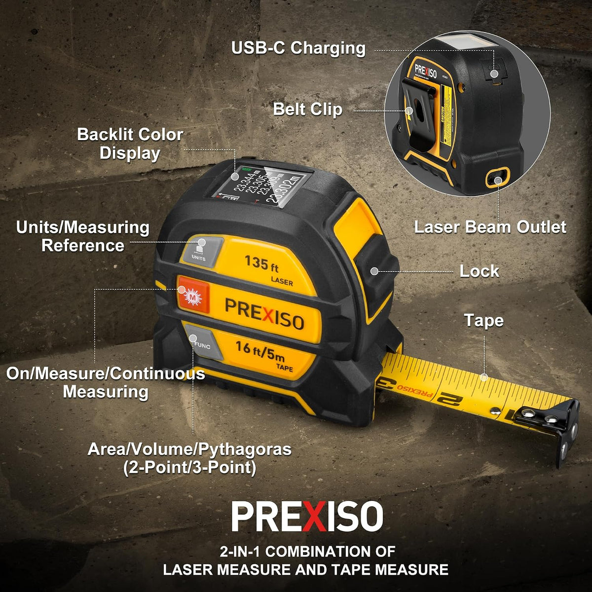 PREXISO 2-in-1 Laser Tape Measure 135Ft Rechargeable Laser Measurement Tool | 16Ft Measuring Tape with Movable Magnetic Hook - Pythagorean, Area, Volume, Ft/Ft+in/in/M Unit NOT Digital