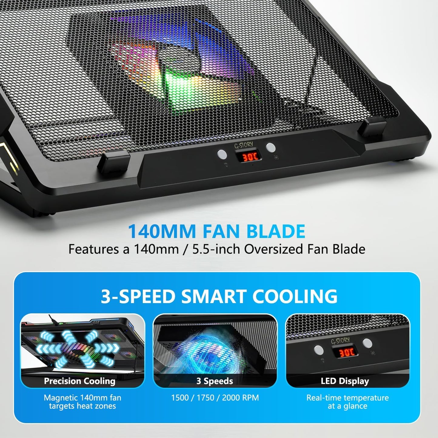 G-STORY Laptop Cooling Pad, RGB Movable Fan Auto Speed Adjust Fit 12-17.3"