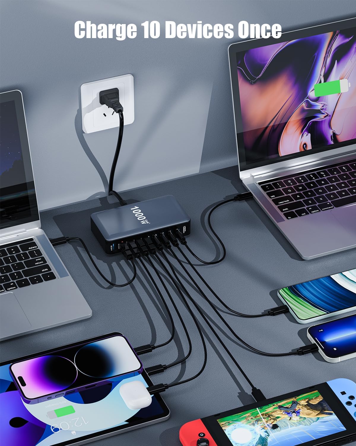 USB C Charger 1000W USB C Charger Block,Upgraded GaN IV 10-Port Charging Station Hub,Travel Essentials 140W Fast Charging Laptop Adapter for MacBook Pro/Air,DELL,Steam Deck,iPhone 17/16,Galaxy S25/24