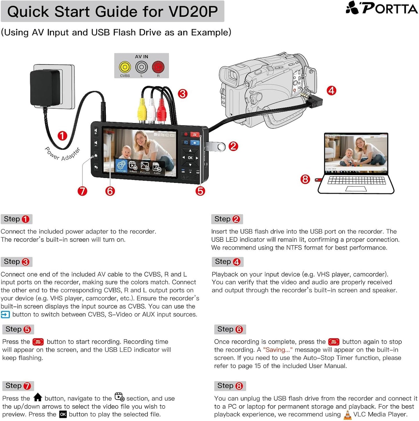 Portta VD20P VHS to Digital Converter with 5" HD Screen, Video Capture Recorder Convert to MP4 Compatible with VHS, VCR, DVR, DVD, Hi8, Mini DV, Gaming Console (VCR/VHS/DVD Player/Camcorder Required)