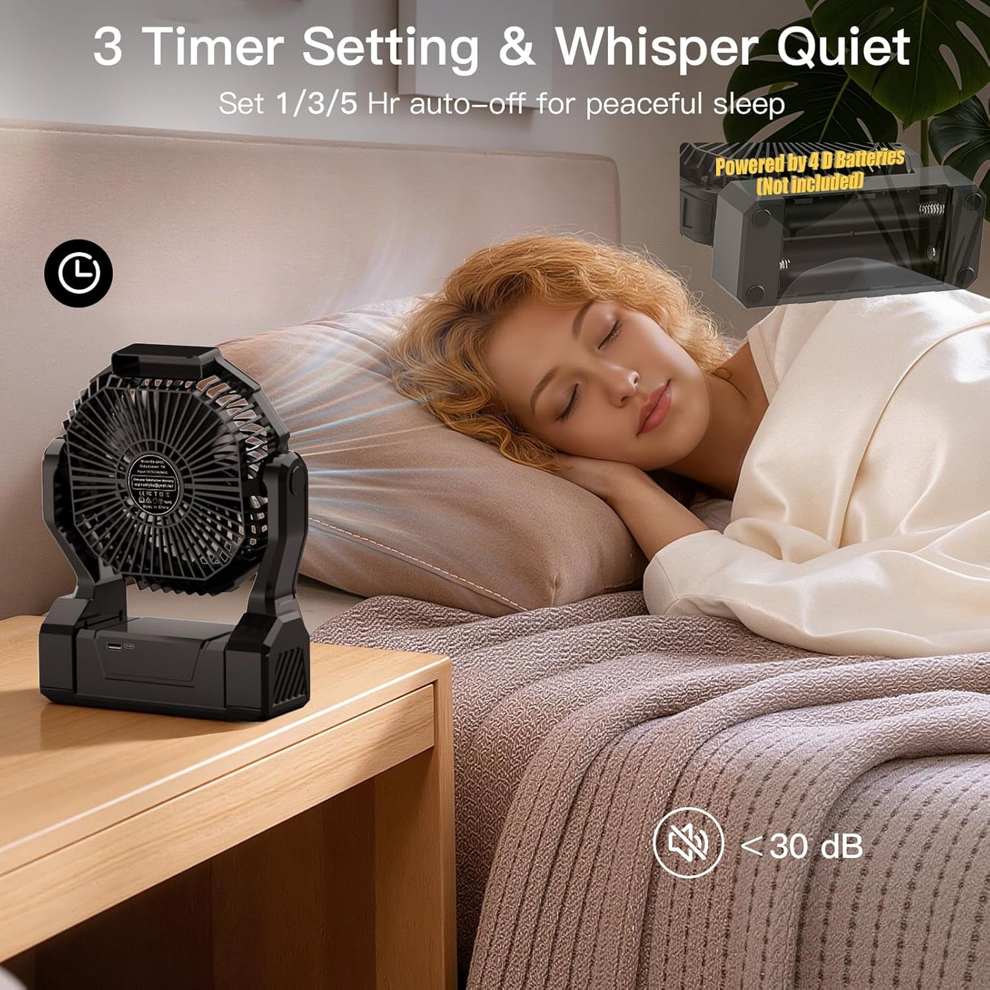Battery Operated Fan, 2-in-1 D-Cell Battery & USB Powered Portable Fan with 4 Speeds, 3 Timers & 2 Light Modes, Super Long Lasting Camping Fan for Outdoor Tent Travel Picnic Office Bedroom - Black