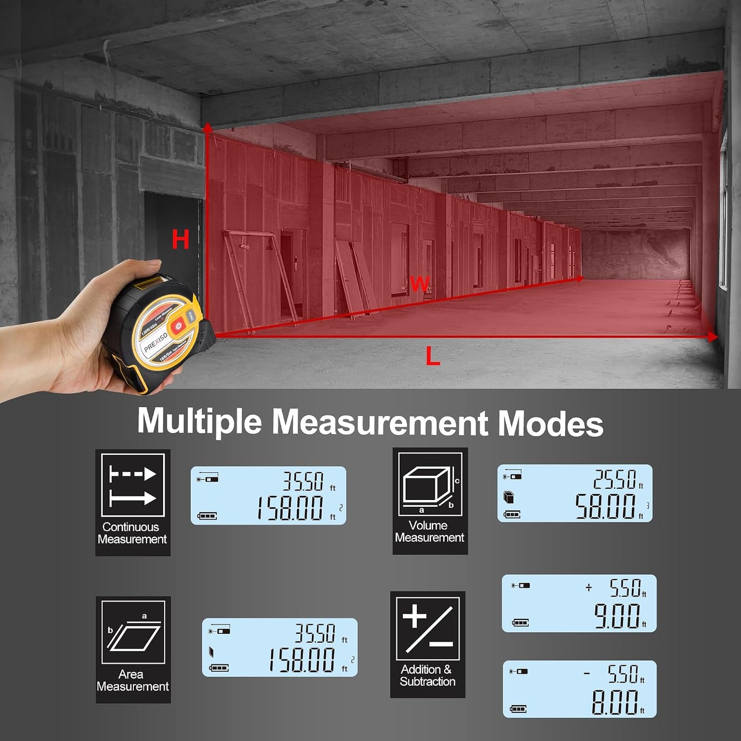 PREXISO 2-in-1 Laser Tape Measure - NOT Digital - 135Ft Laser Measurement Tool & 16Ft Measuring Tape with Auto Lock & Movable Magnetic Hook - Pythagorean, Area, Volume, Ft/Ft+in/in/M Unit-NOT Digital