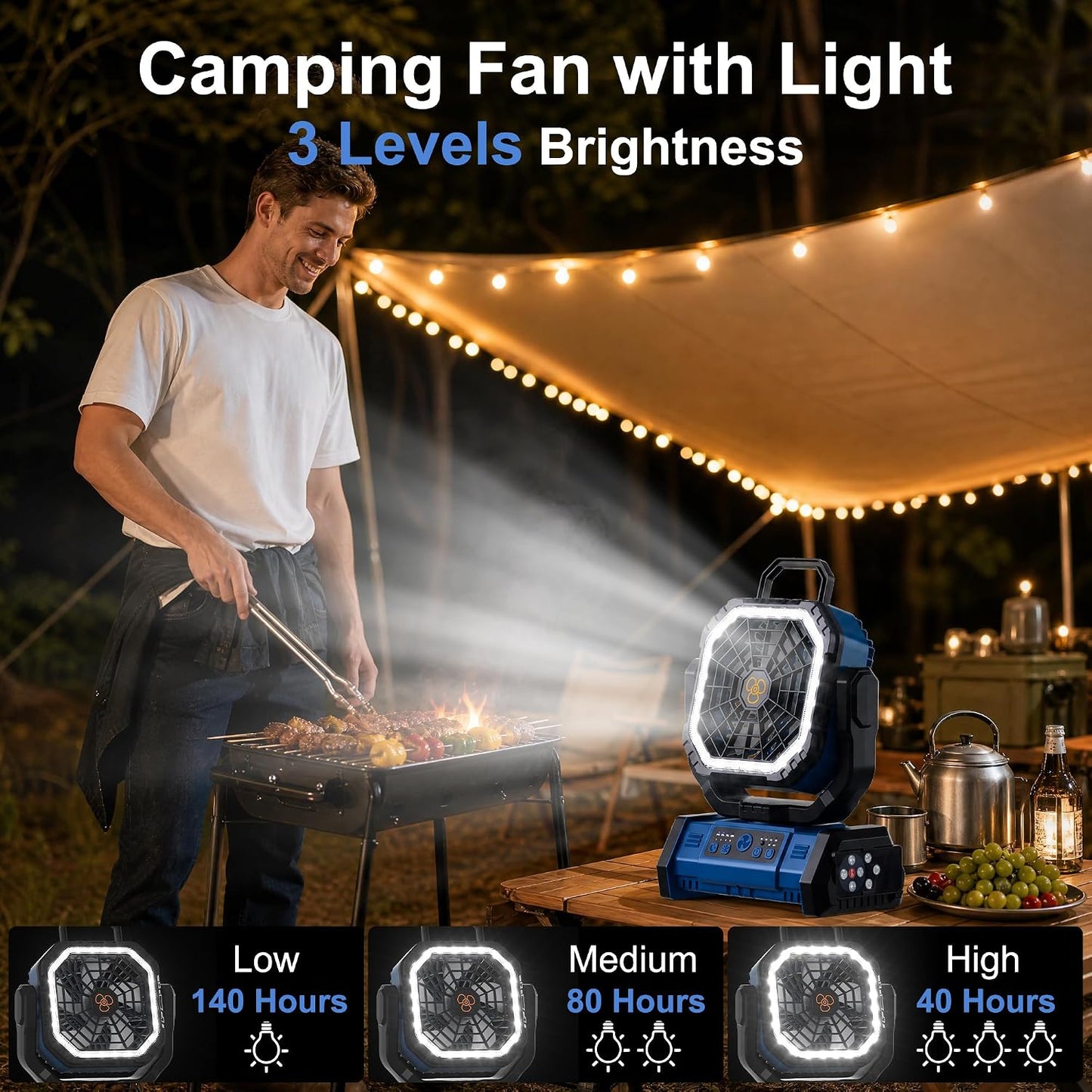 Honesorn 20000mAh Rechargeable Camping Fan with LED Light Remote, Navy Blue | Up to 60H Runtime, 45°/90°Oscillating, Hanging Hook, 4 Speeds, 8H Timer, USB-C Charging, for Camping, Tent, Travel, Outdoor