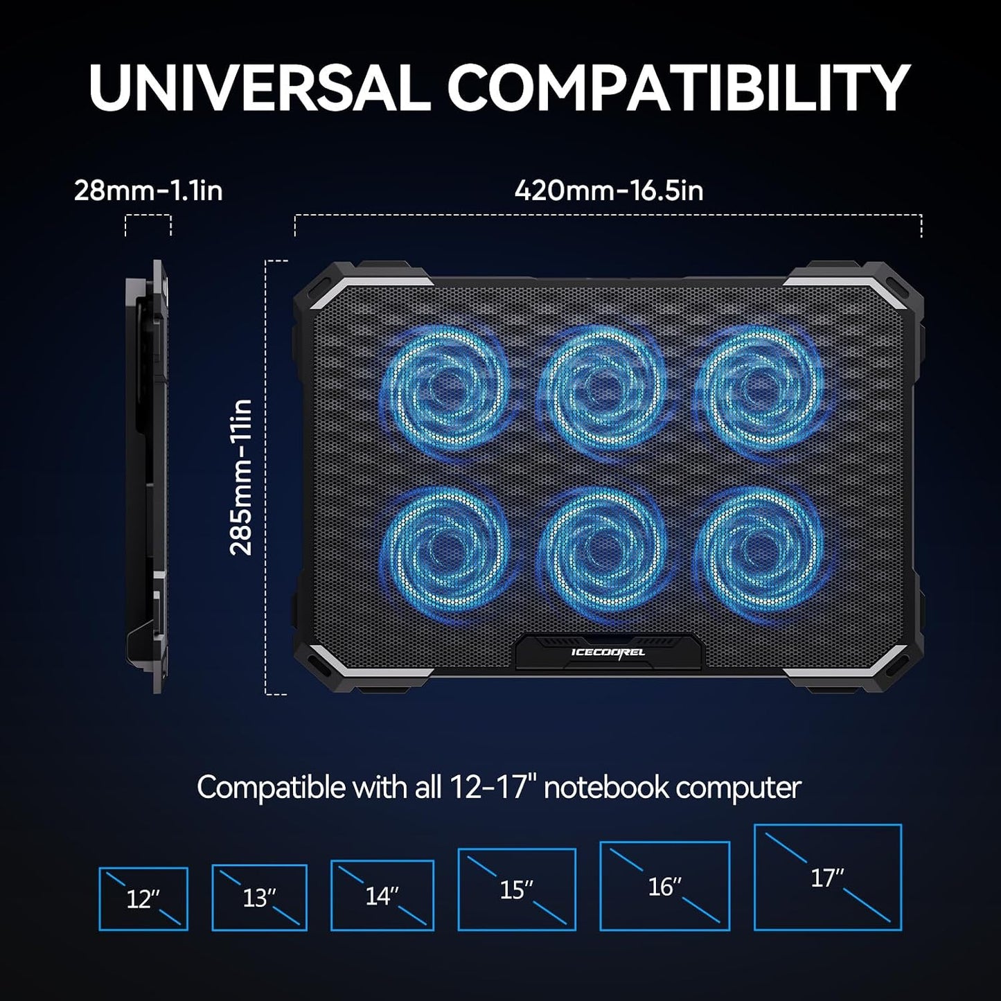 Laptop Cooling Pad with 6 Cooling Fans, Cooling Pad for Laptop Fan 13-15.6 Inch, Laptop Cooler Stand with 6 Height Adjustable, Notebook Cooler Pad with Two USB Port