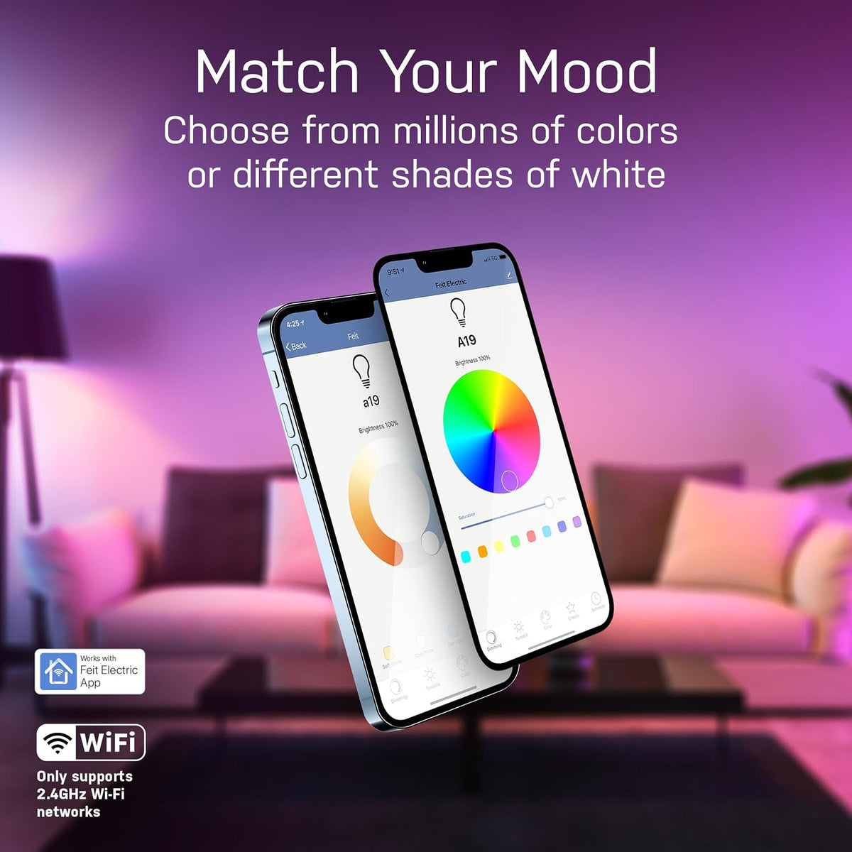 Feit Electric Smart Light Bulbs, A19 RGBW Color Changing - 60W Eq - 3 Pack