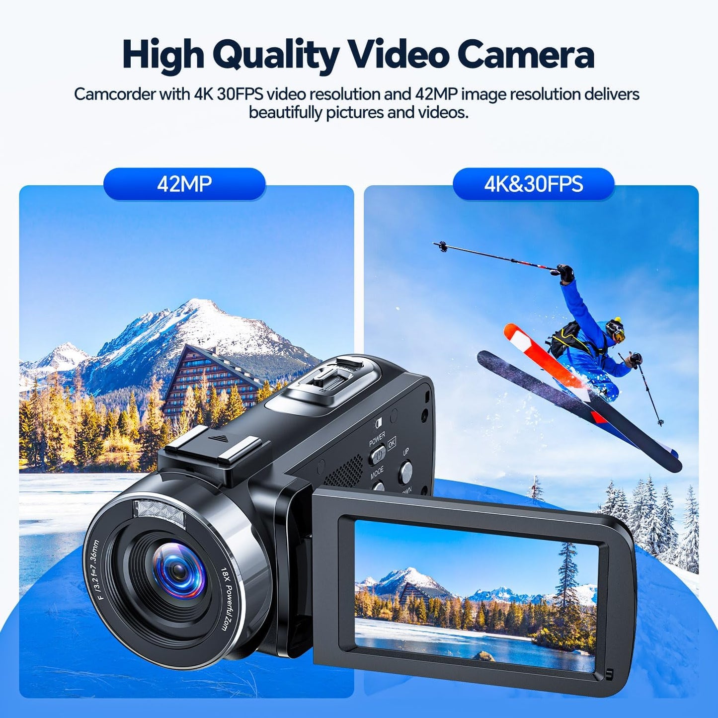 4K Video Camera Camcorder, 42MP Vlogging Camera for YouTube with 32GB SD Card, 2 Batteries, 3" 270° Rotating Screen, 18X Digital Zoom, Remote Control, Webcam for Live Streaming