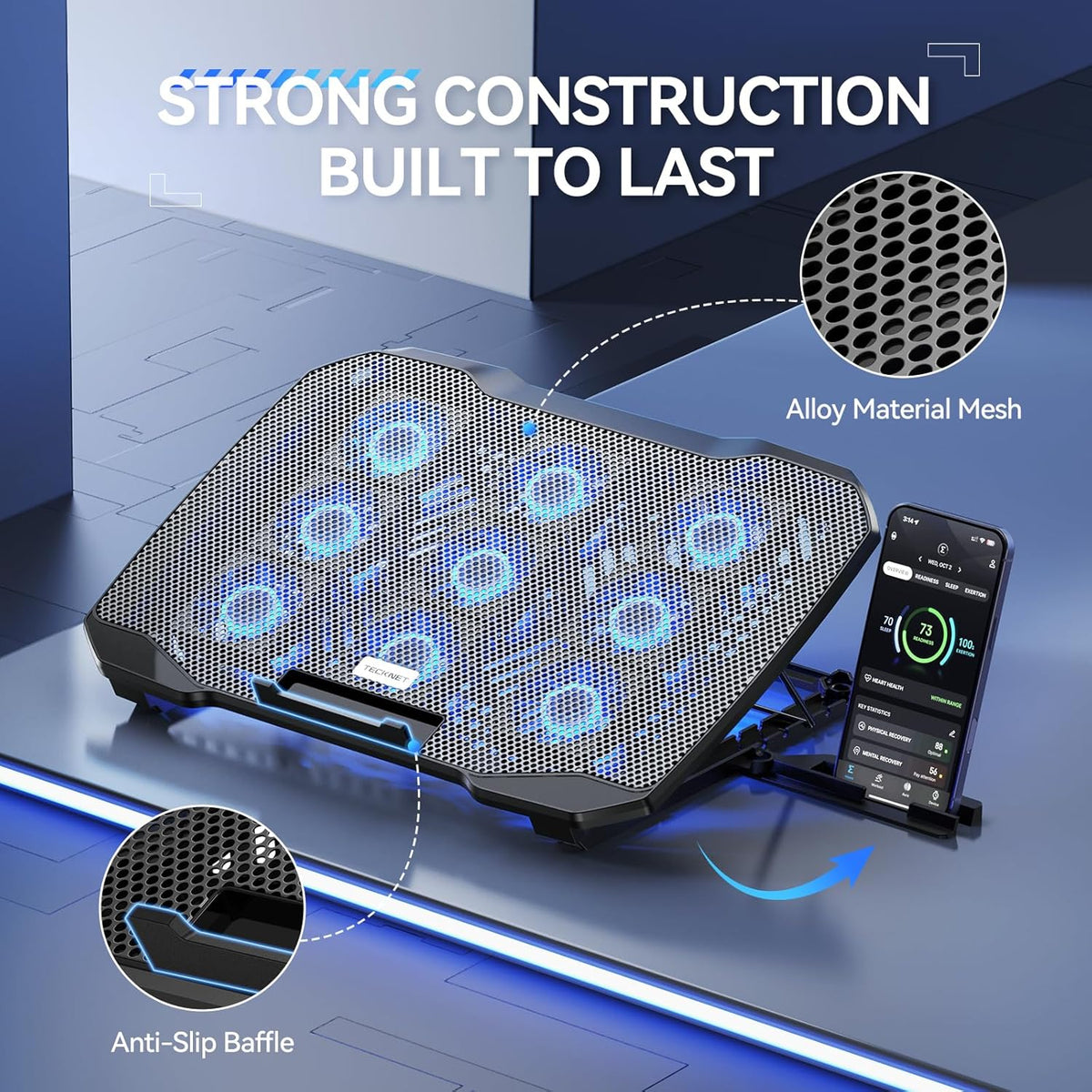 TECKNET Laptop Cooling Pad with Phone Stand, Laptop Cooler for 12-17.3 Inch | Stepless Speed Control to 2600 RPM, 360° All-Around Cooling, Whisper-Quiet Design, 5-Level Heights, Dual USB Ports