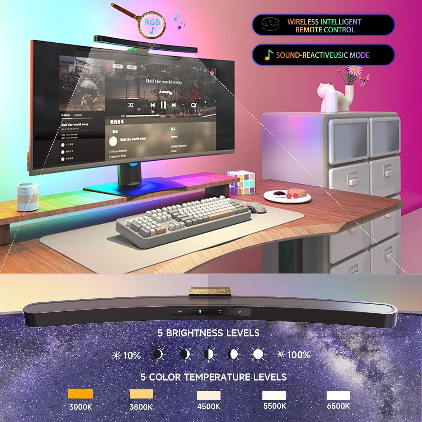 ONWAY Curved Monitor Light Bar with RGB Backlight, Wireless Remote Touch Control, No Glare Lamp with Camera Base for Gaming/Office Computer Setup