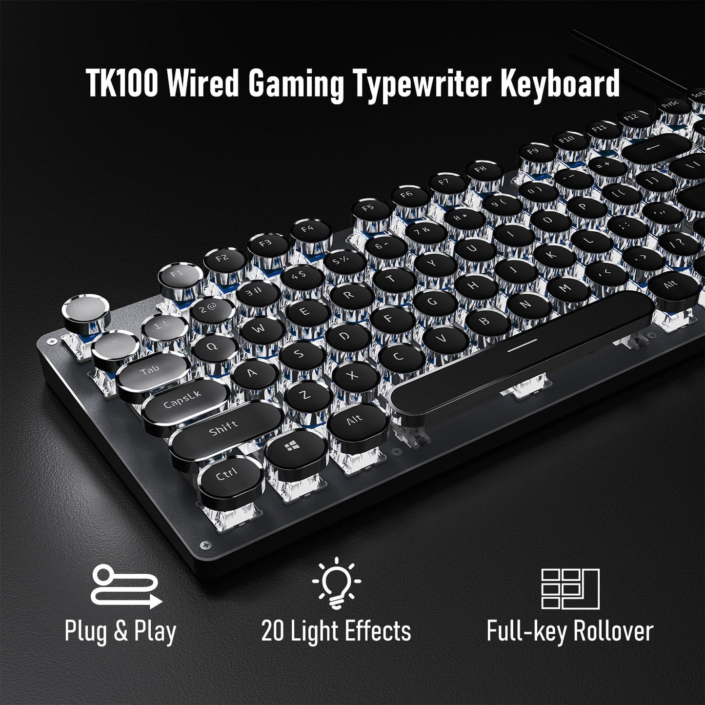 SEUNKWANG Typewriter Style Mechanical Gaming Keyboard with White Backlit, Wired Retro Punk Computer Keyboard Durable Metal Panel, Clicky Blue Switch, Round Keycaps, Full-size for PC/Desktop/Win, Black