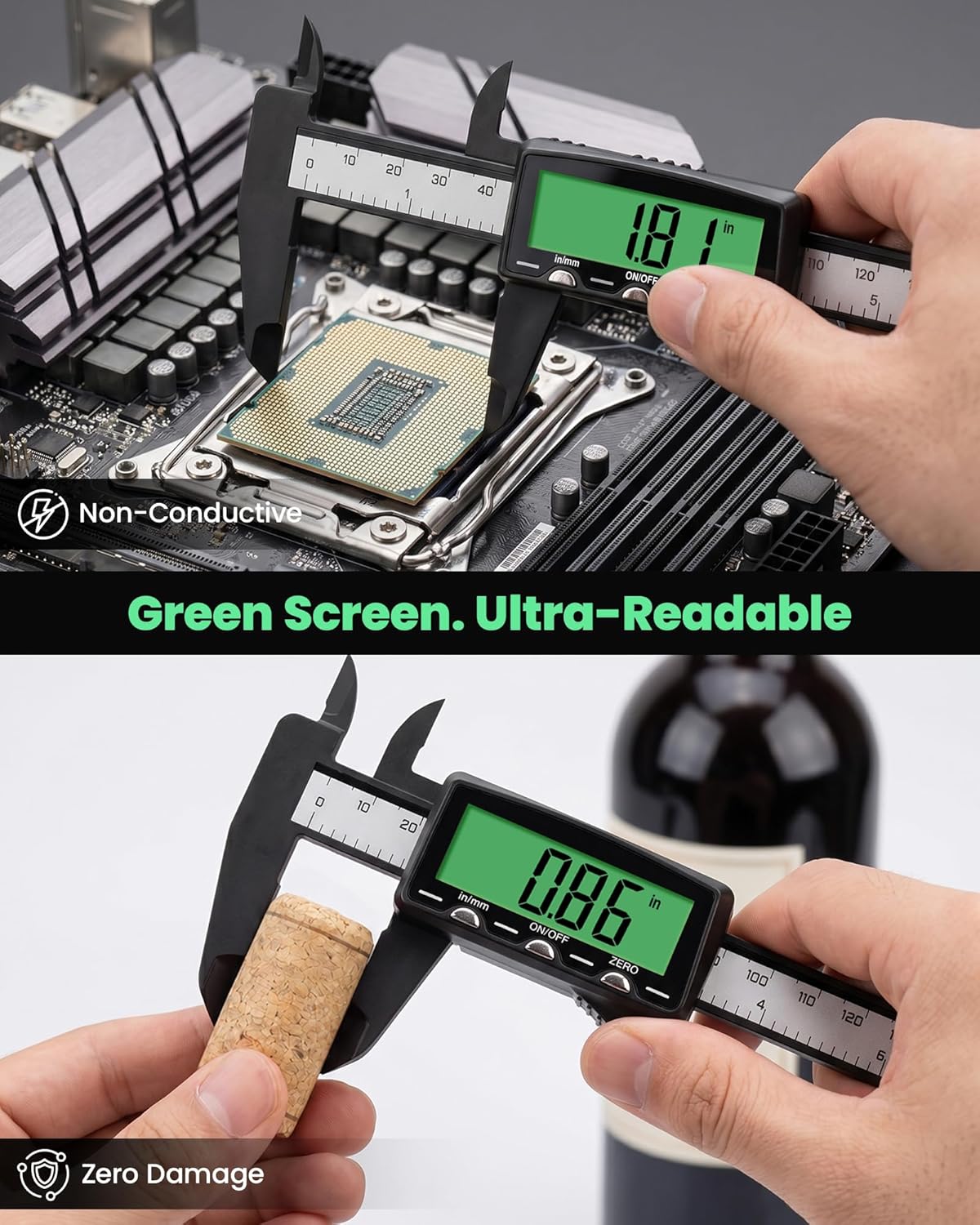 HARDELL Rechargeable Digital Caliper 6" Plastic Calipers Green Screen | High-Contrast Everyday Caliper Measuring Tool Inch/MM Auto-Off Woodworking DIY Jewelry Household Non-Backlight