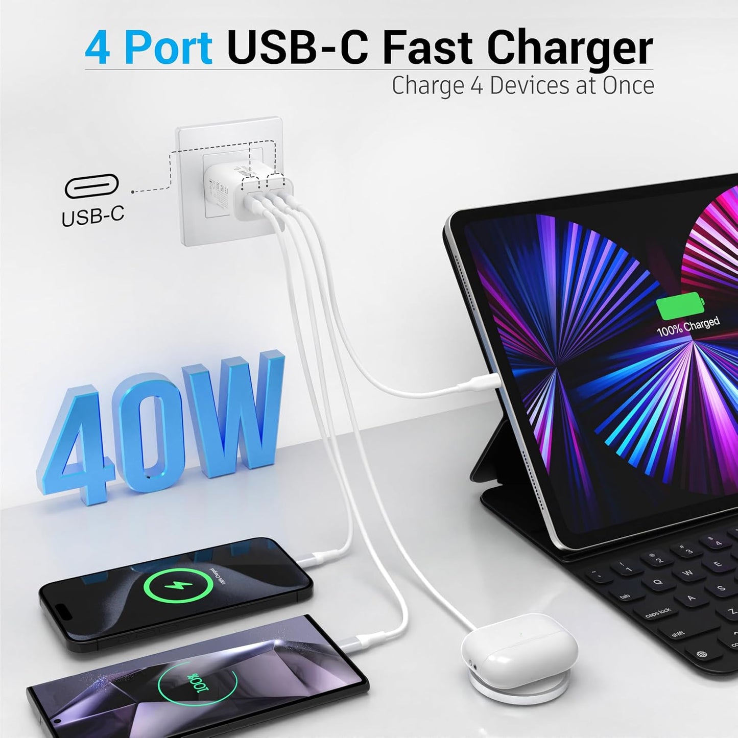 TT&C 40W USB C Charger Block, 2-Pack Type C Wall Plug for iPhone 17, 16, 15 | 4 USBC Ports Fast Charging USB-C Adapter Box Cube Compatible with iPhone 14/13/12 Pro Max Air & Samsung phone (White)