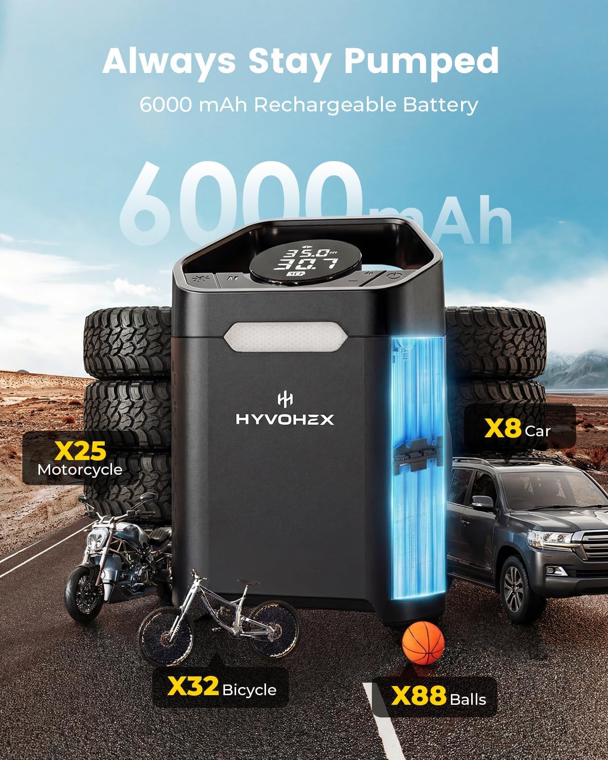 HYVOHEX Portable Air Compressor,160 PSI Cordless Tire Inflator Pump(Black) | Fast 1-Min Inflation with Digital Gauge and LED Light, Compatible with Car, SUV, Bike and Inflatable Balls