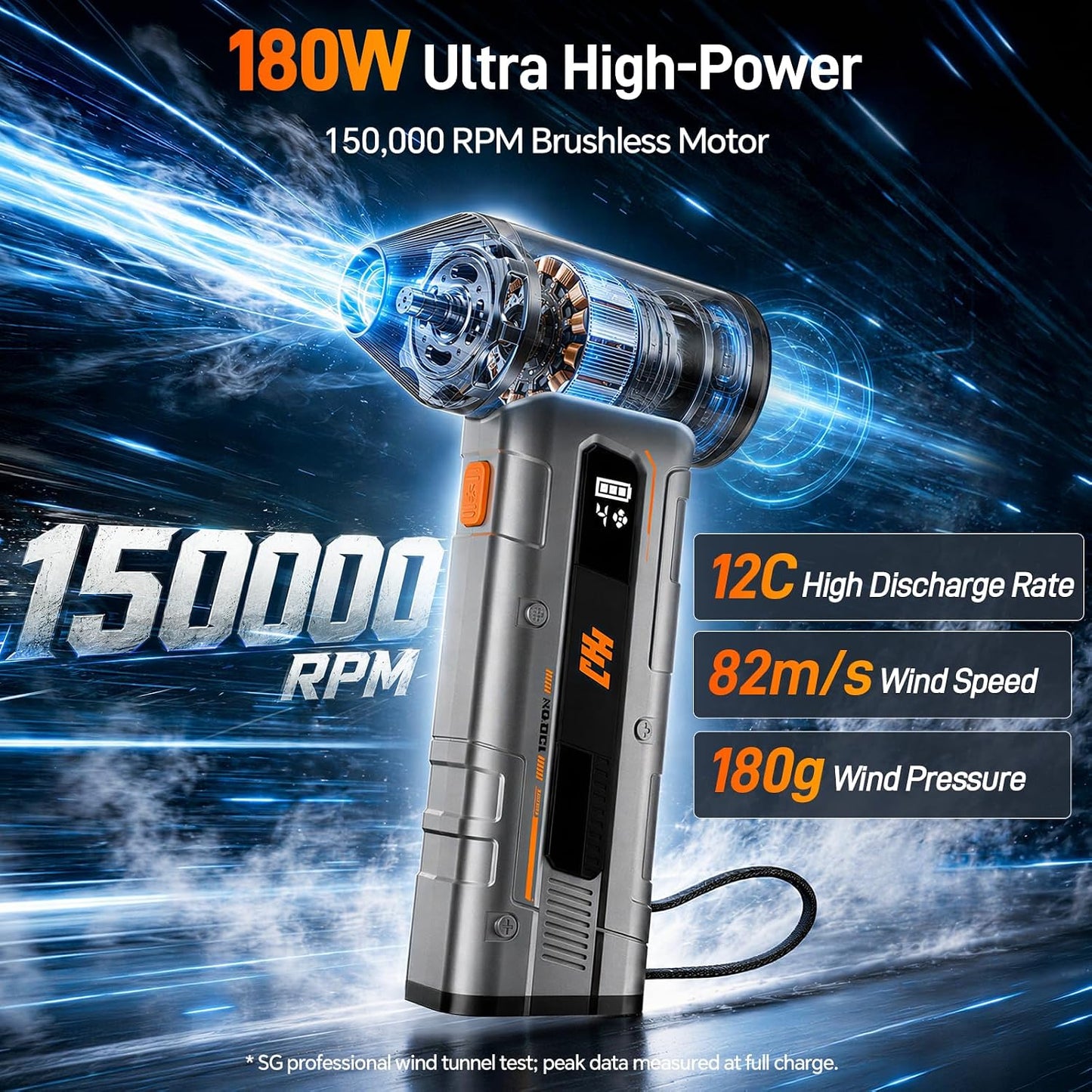 HHJ BC07 Electric Air Duster, 150,000 RPM, 20W PD Fast Charging, 30W Power Output, 4 Speeds & 5 Nozzles, LED＆SOS Light, Compressed Air Alternative for PC, Keyboard, Car, Home & Outdoor