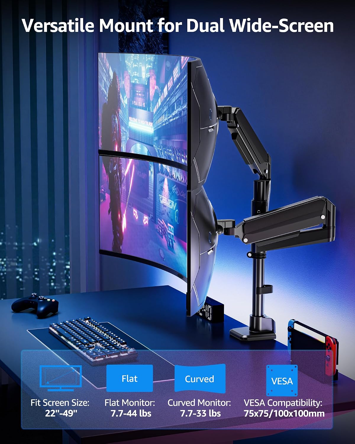 MOUNTUP Dual Monitor Stand Fits 49 45 42 40 39 34 32 Inch Screens, Heavy Duty Dual Monitor Arm Holds 7.7-44 lbs, Vertical Stacked Monitors Mount, Full Motion, Height Adjustable, VESA Mount