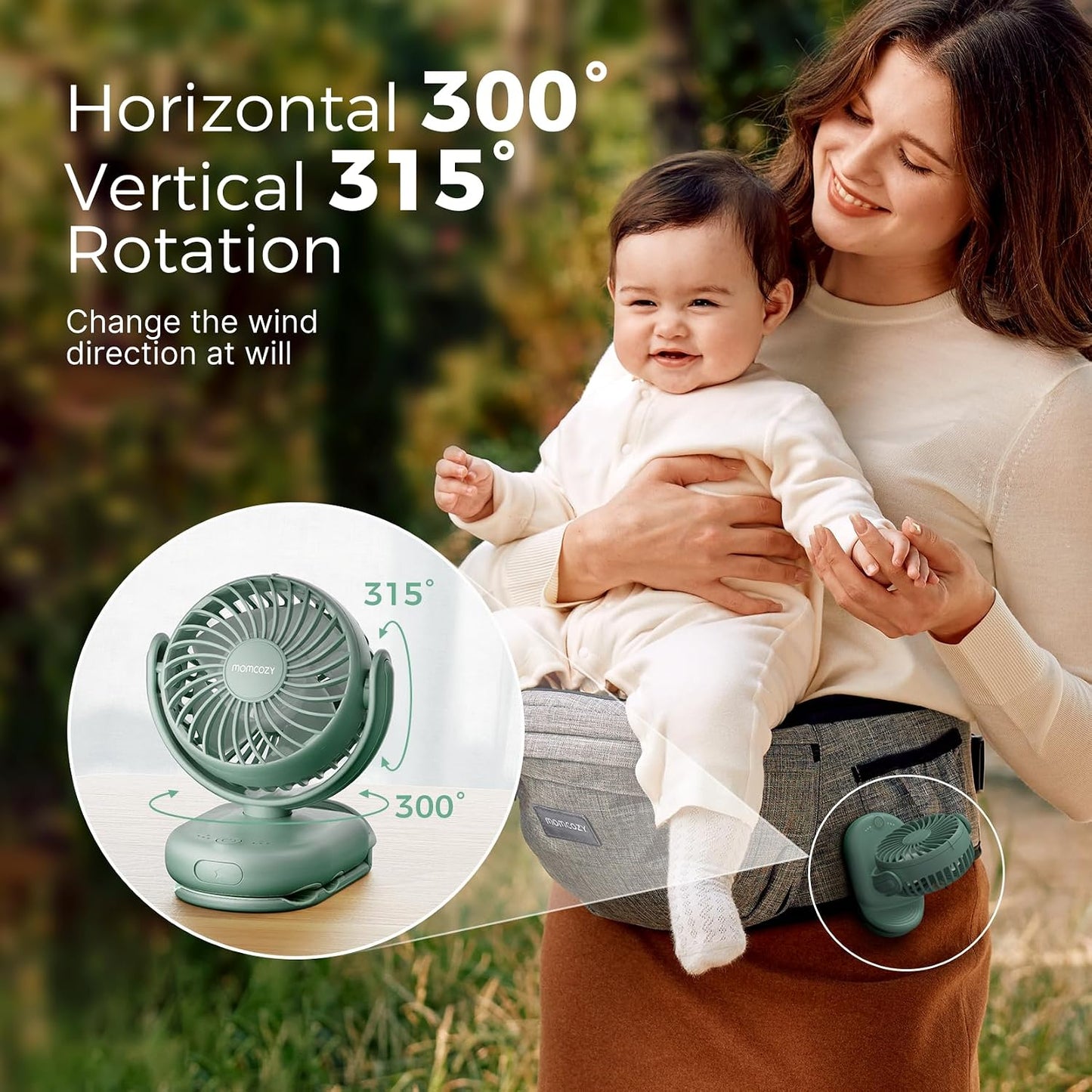 Momcozy Portable Stroller Fan with Clip, 4-Speed Mini Cooling Fan, 0.26 Lb | Ultra-Light Rechargeable Design, Gaps ≤ 4.5 mm, Rotating Handheld Cooling for Carriers, Backpacks and Tables