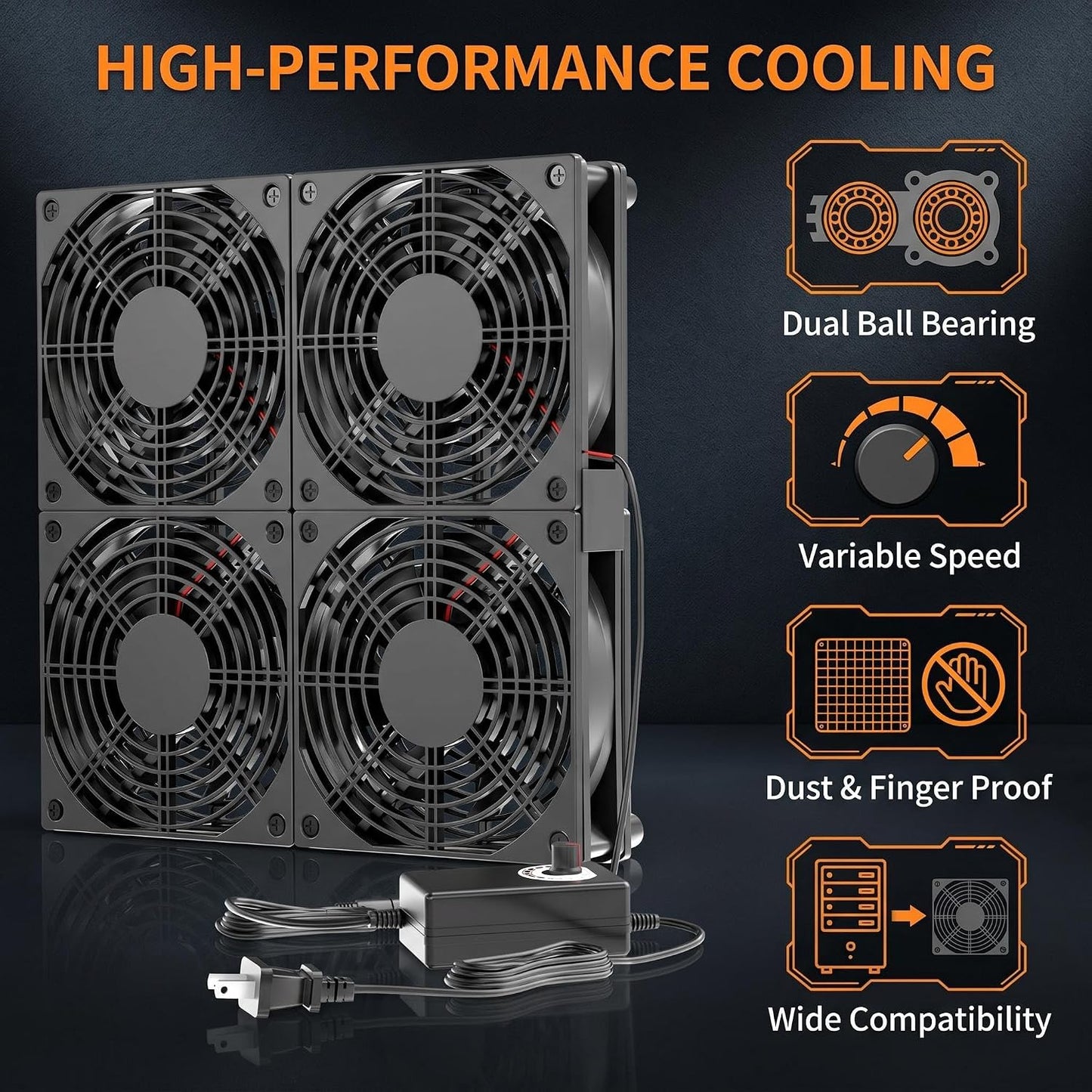 Adjustable Speed 4 Fans Cooling Pad, 4x120mm Computer Fan with AC Power Speed Controller Cooling for Game Console Laptop Router Network Cabinet