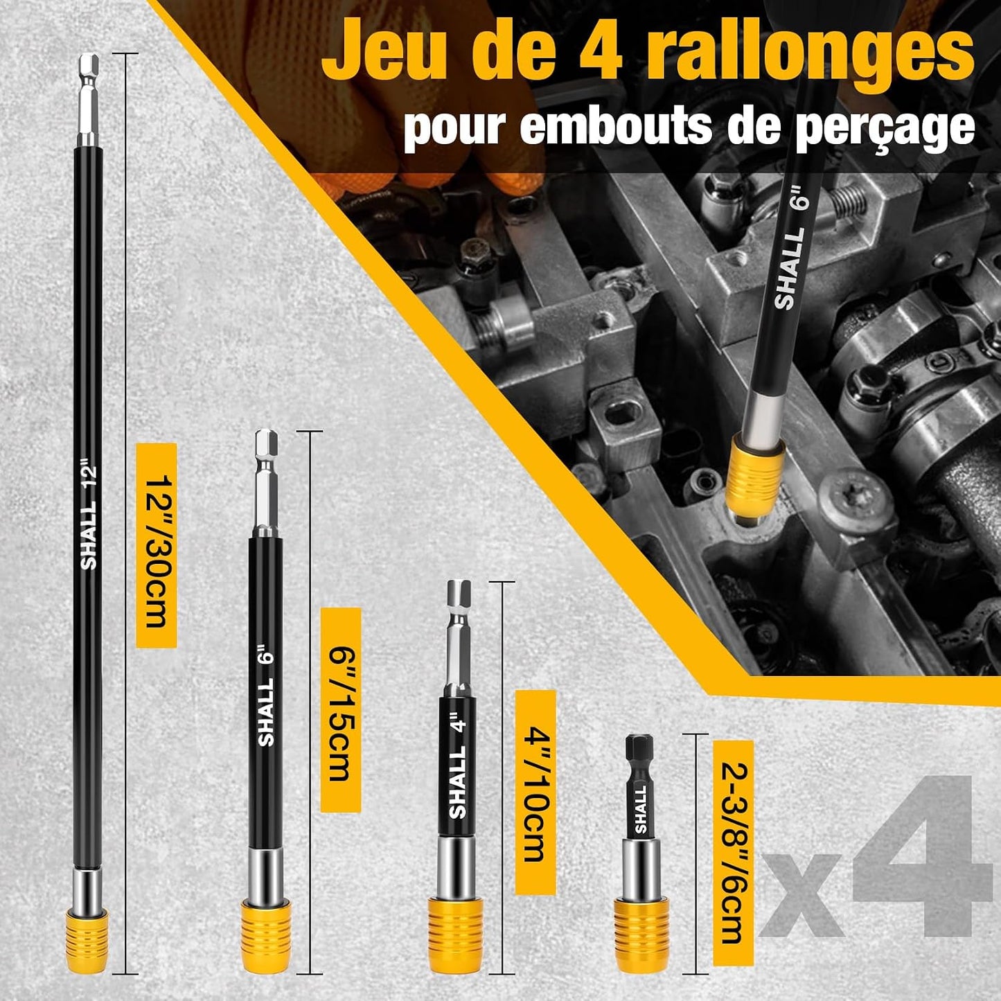 SHALL Drill Bit Extension Set, 4Pcs Magnetic Drill Screwdriver Bit Holder Extender with Aluminum Sleeve, 10Pcs S2 Steel Screwdriver Bits, 1/4 Inch Hex Shank, Quick Release