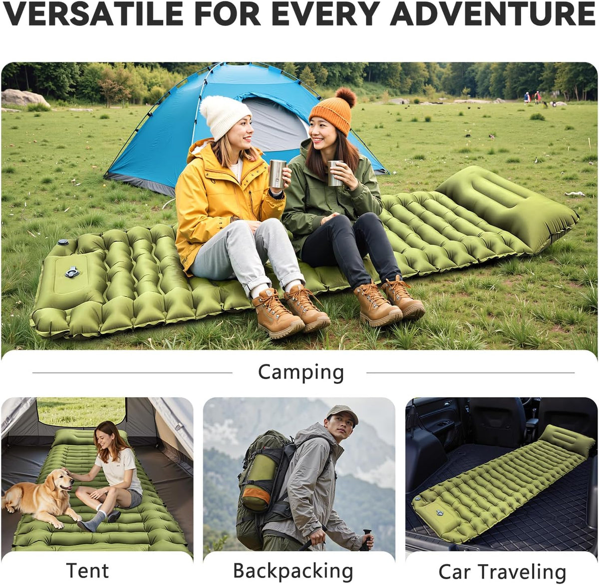 Sleeping Pad for Camping, Built-in Foot Pump with Pillow | Ultralight Inflatable, Extra Thick Compact Camping Mattress for Camping, Hiking, Backpacking, Tent Use, Single, Green